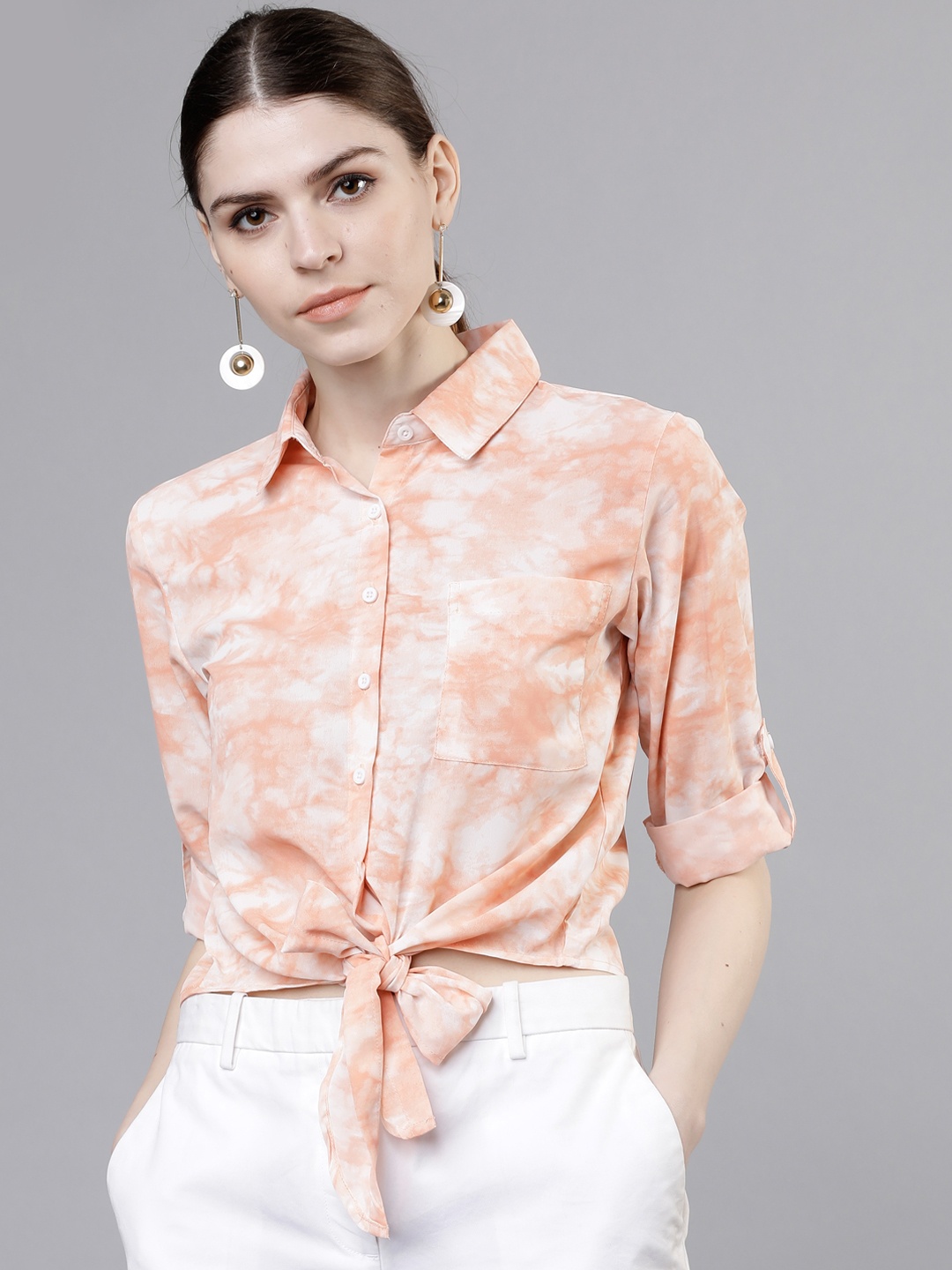 

Tokyo Talkies Women Peach-Coloured & White Regular Fit Printed Casual Shirt