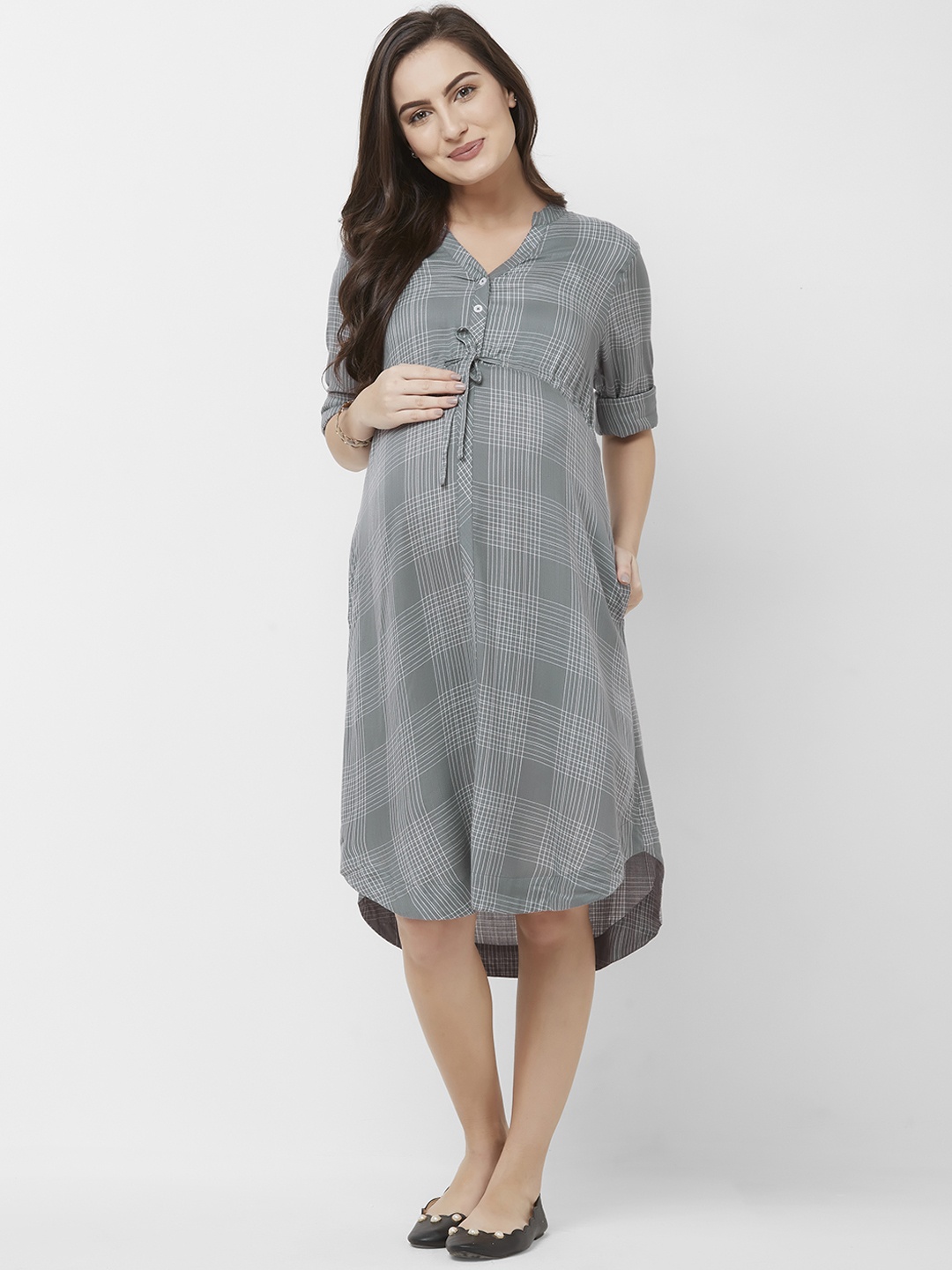 

Mystere Paris Women Grey Checked Maternity Fit and Flare Dress