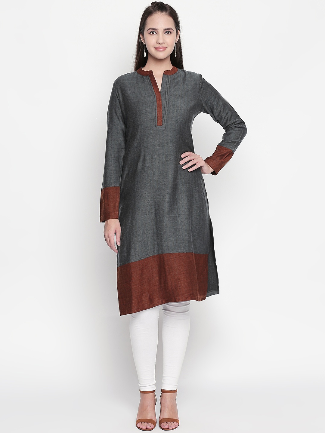 

RANGMANCH BY PANTALOONS Women Charcoal & Rust Brown Colourblocked Straight Kurta