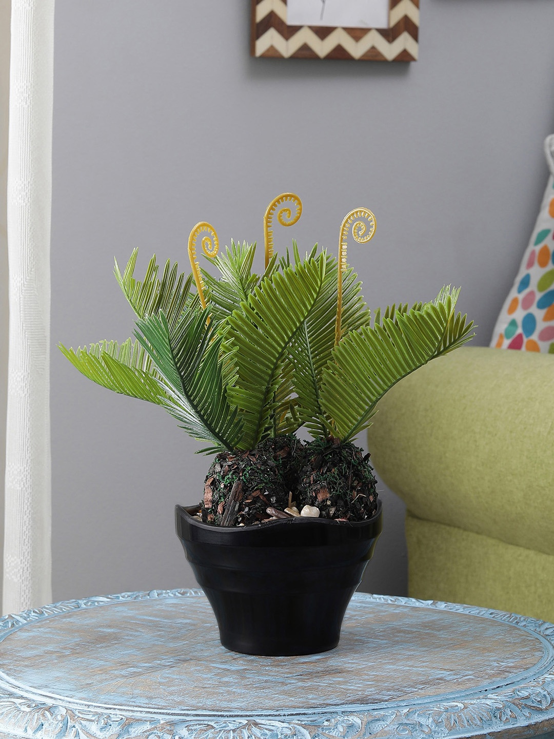 

FOLIYAJ Green Sago Palm With Black Wave Shape Pot