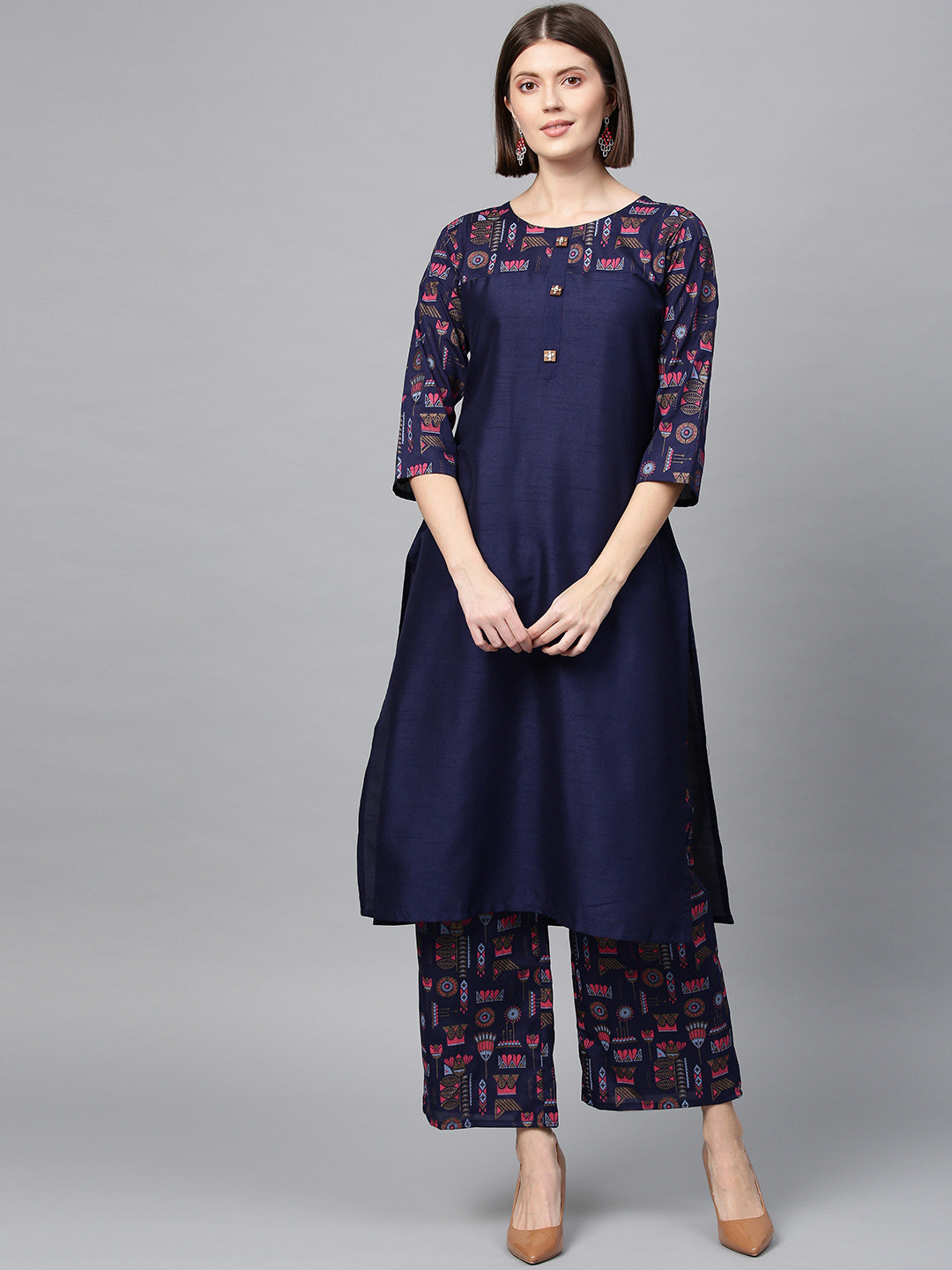 

ZIYAA Women Navy Blue Foil Printed Straight Kurta