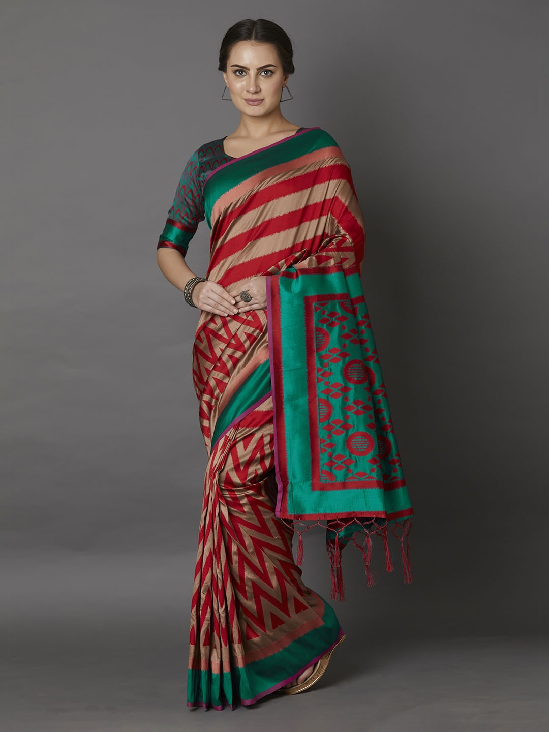 

Mitera Red & Beige Silk Blend Printed Saree