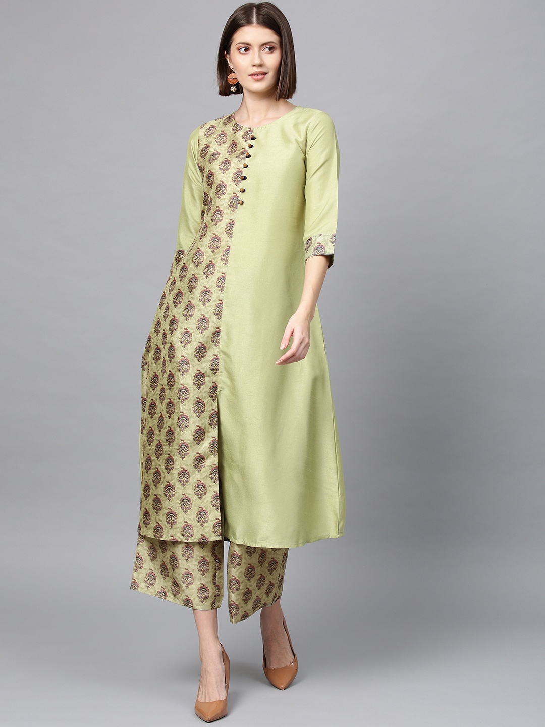 

ZIYAA Women Green & Brown Printed A-Line Kurta