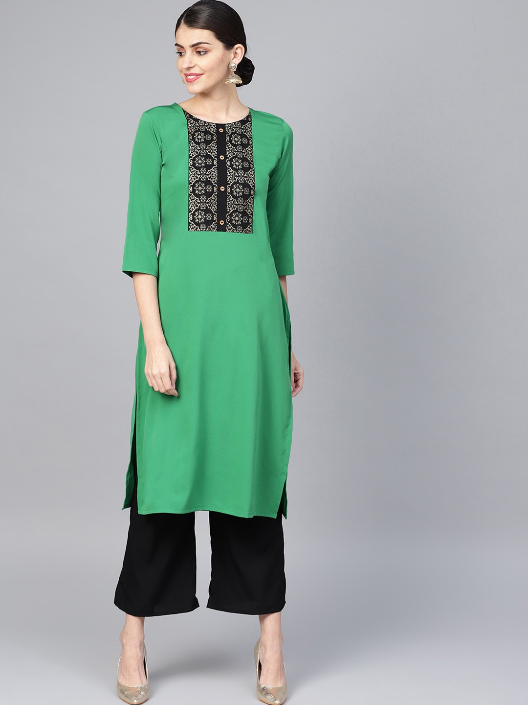 

ZIYAA Women Green & Black Foil Printed Straight Kurta