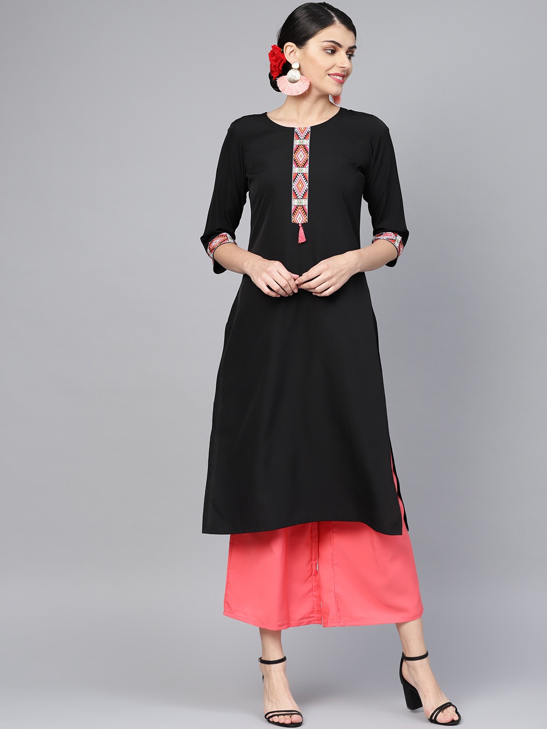 

ZIYAA Women Black Yoke Design Straight Kurta