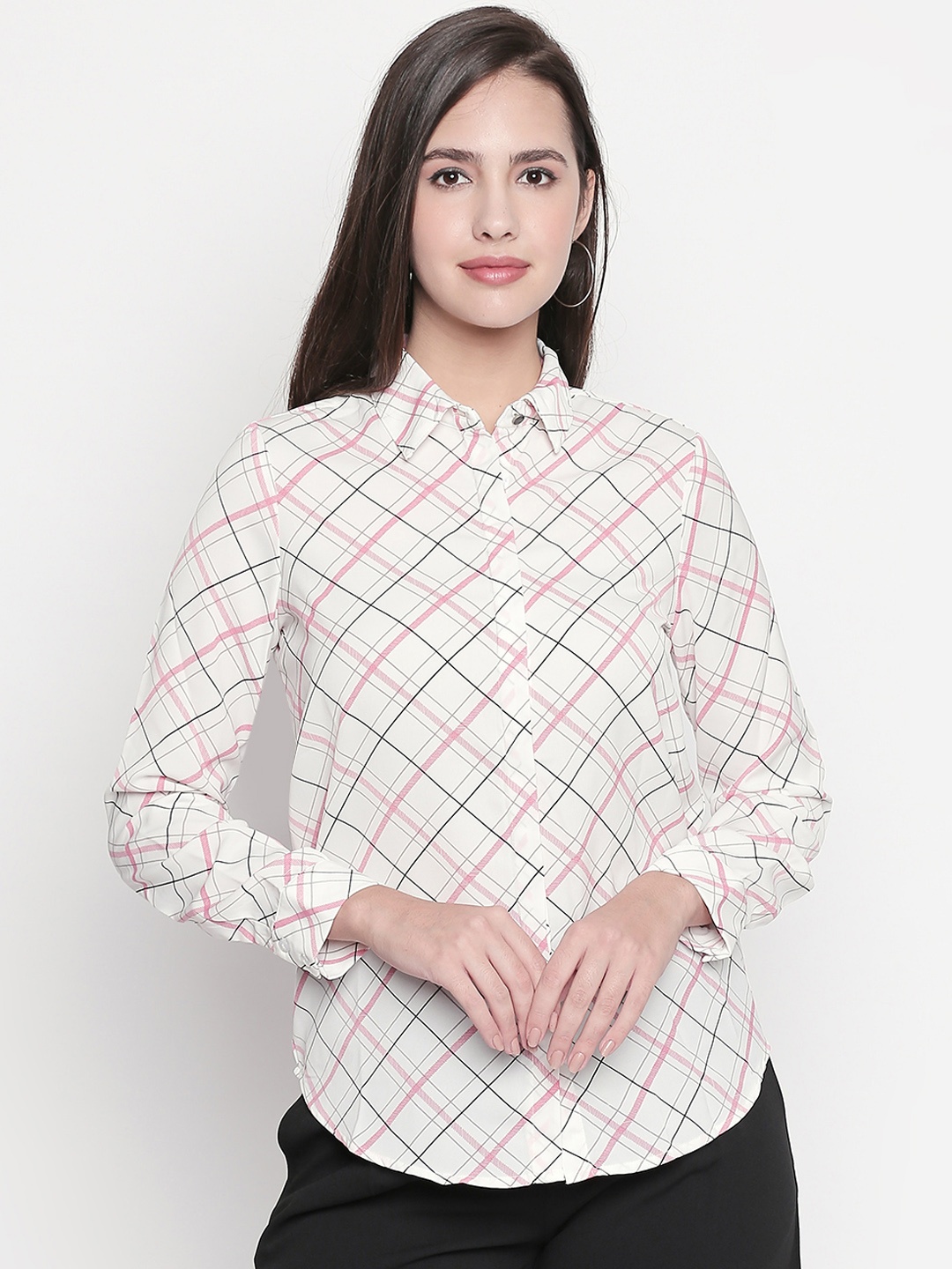 

Annabelle by Pantaloons Women Off-White & Pink Regular Fit Checked Casual Shirt