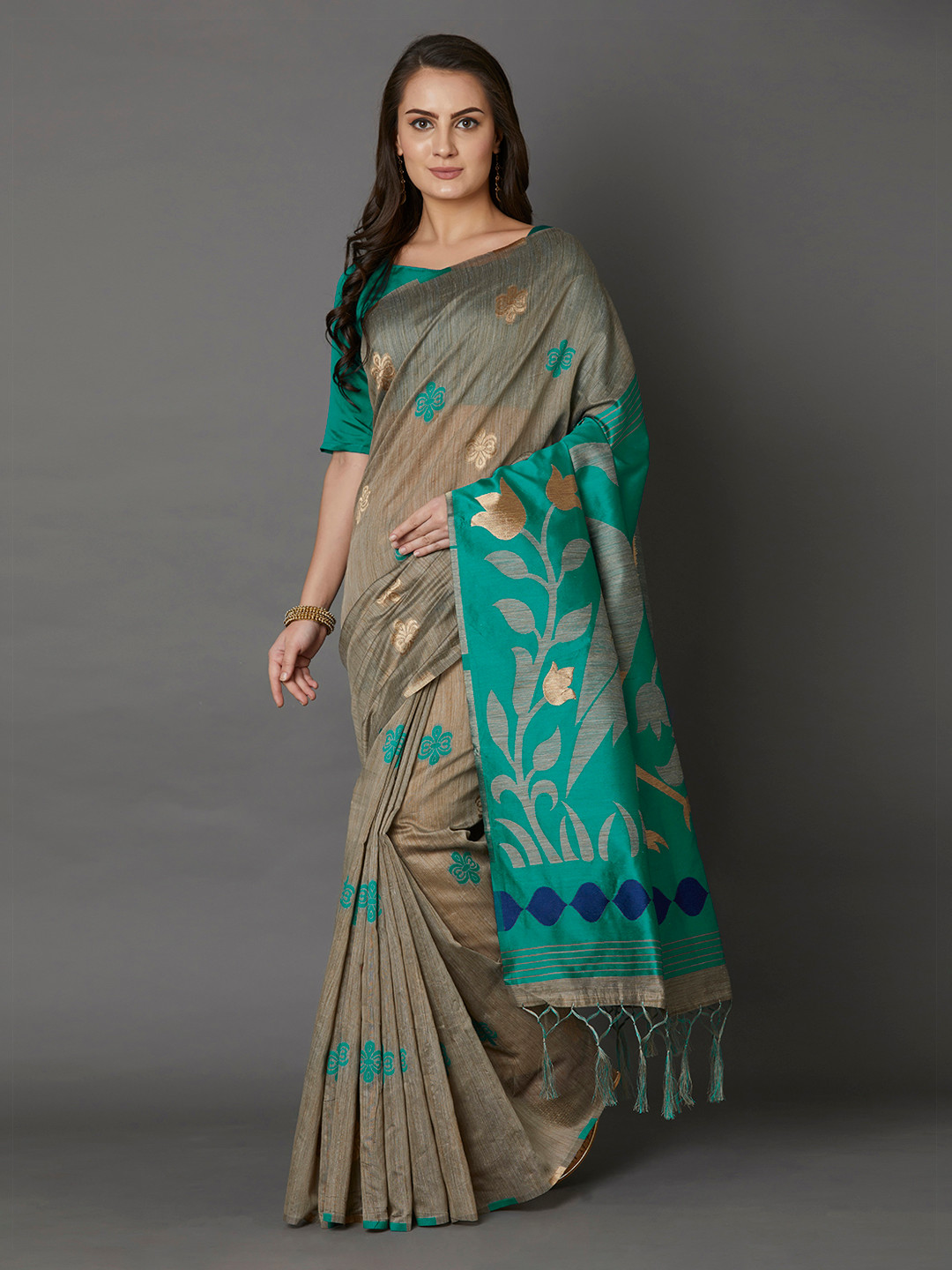 

Mitera Beige & Teal Blue Silk Saree