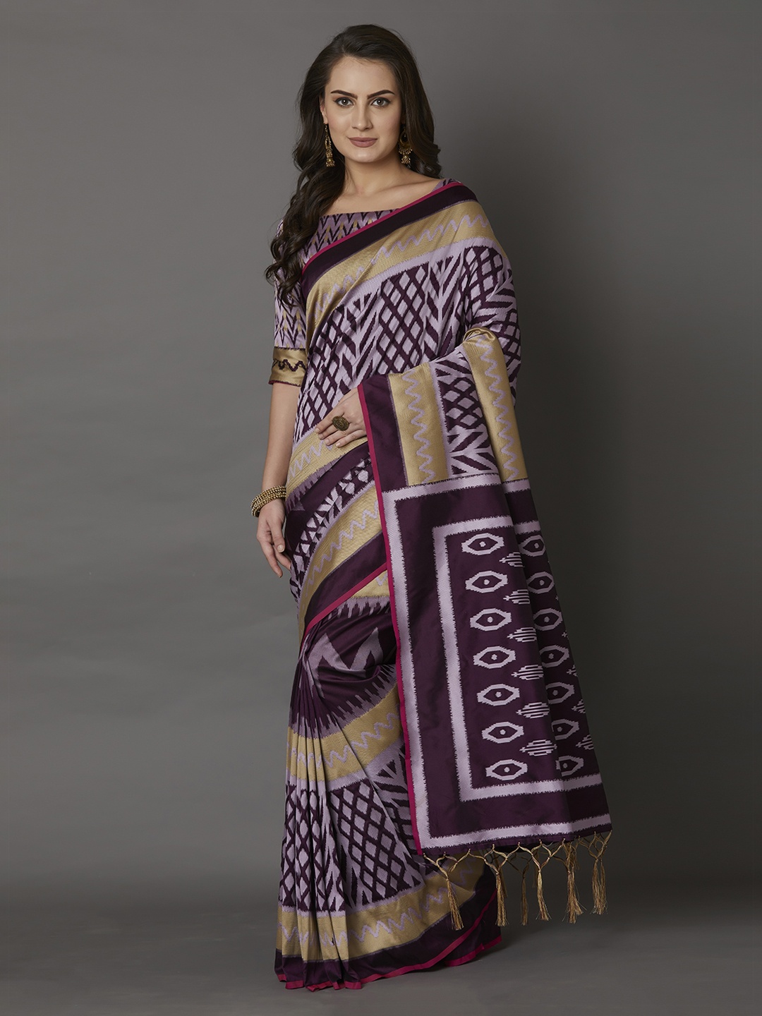

Mitera Purple & Gold-Coloured Silk Blend Printed Saree