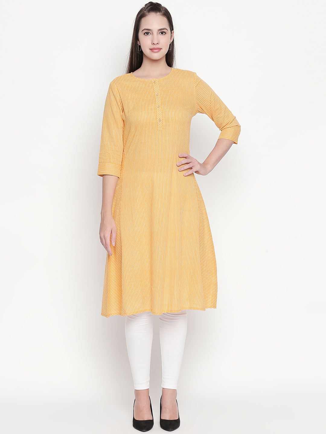 

RANGMANCH BY PANTALOONS Women Yellow Striped A-Line Kurta