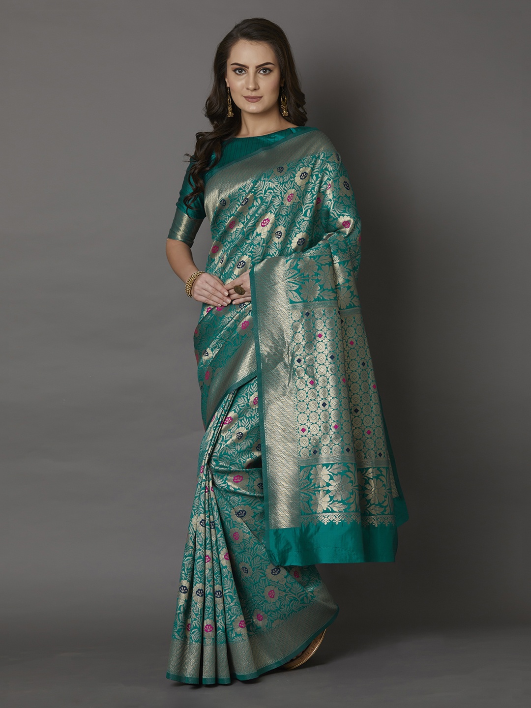 Mitera Teal Green & Gold-Coloured Silk Blend Woven Design Banarasi Saree