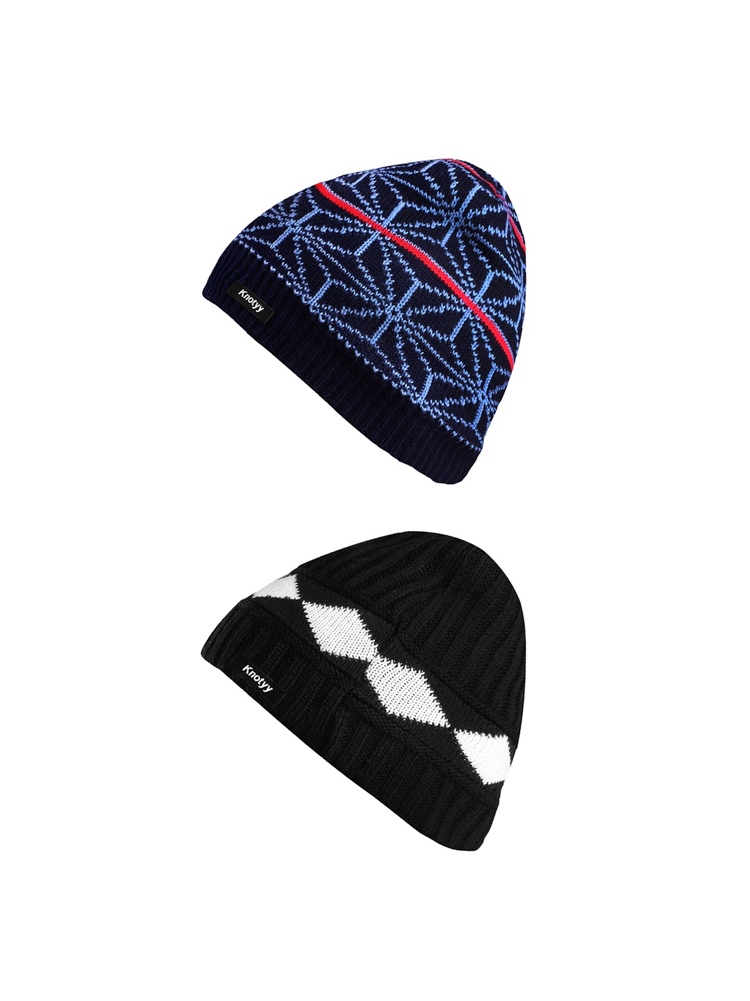 

Knotyy Men Black & Blue Pack of 2 Self Design Beanie