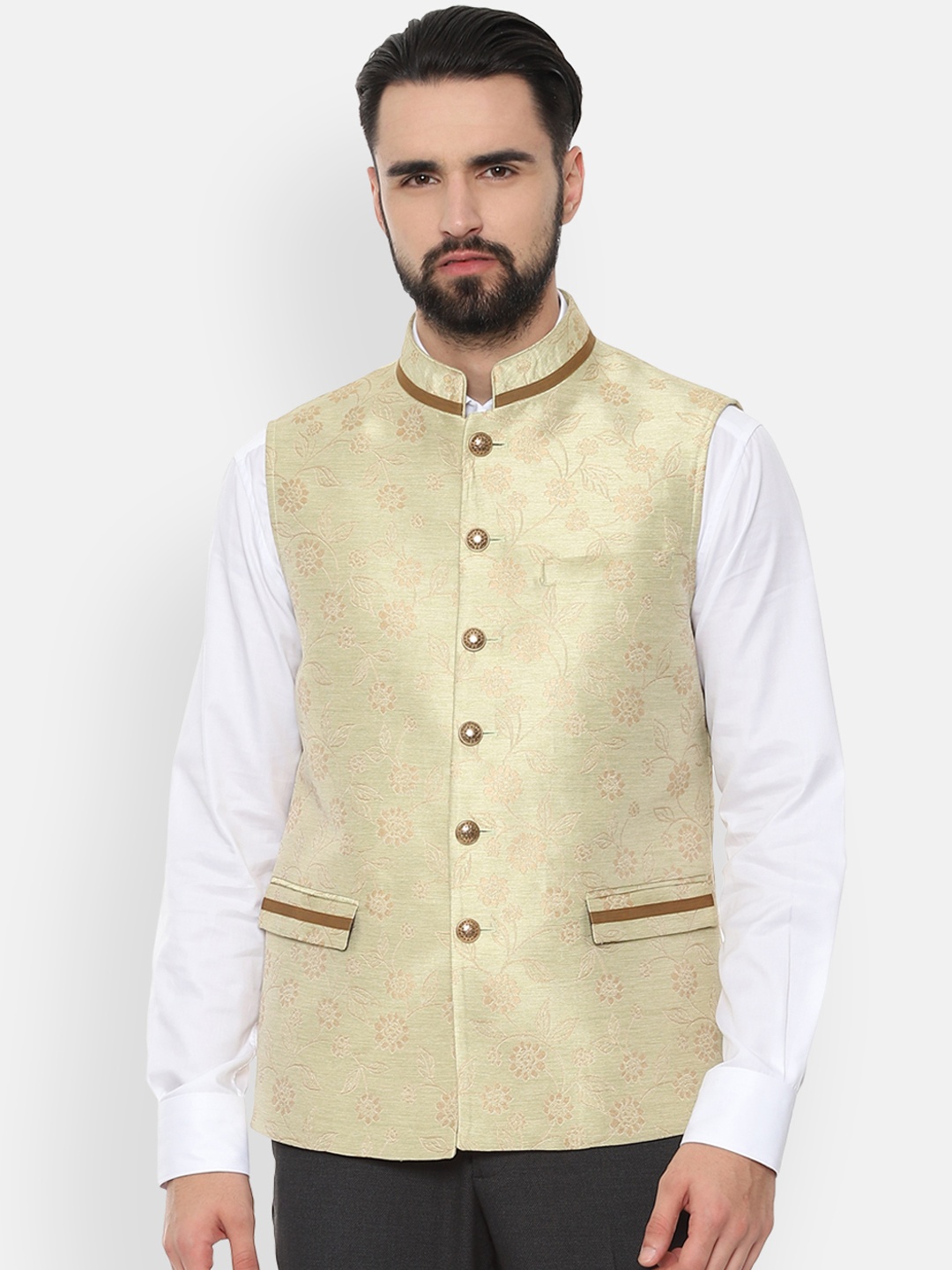 

V Dot Men Beige Self-Designed Nehru Jacket