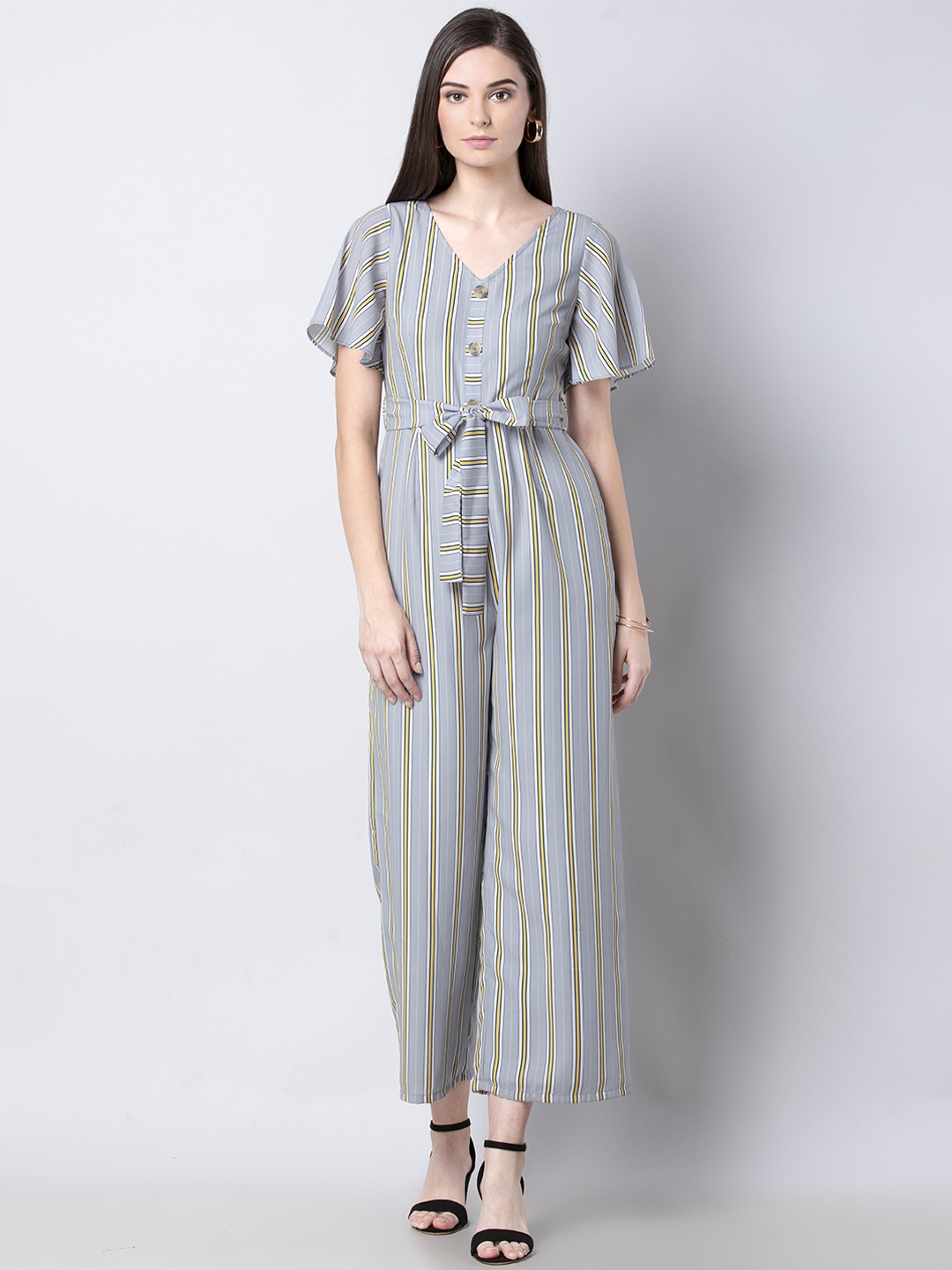 

FabAlley Women Grey & Yellow Striped Basic Jumpsuit