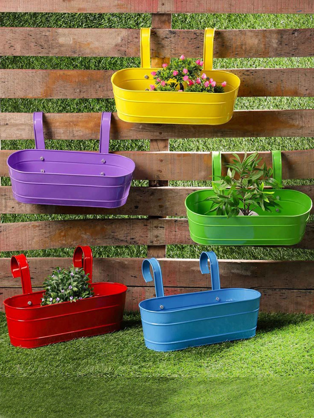 

green girgit Set of 5 Solid Railing Planters, Multi