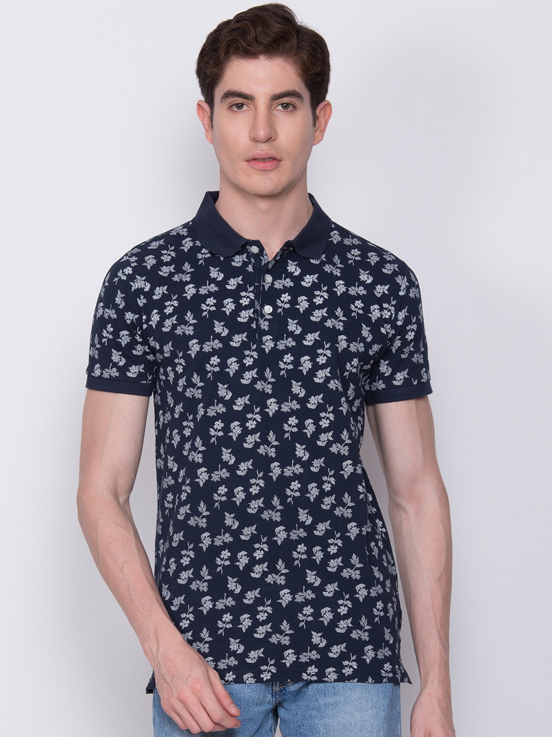 

LINDBERGH Men Blue Slim Fit Printed Polo Collar T-shirt