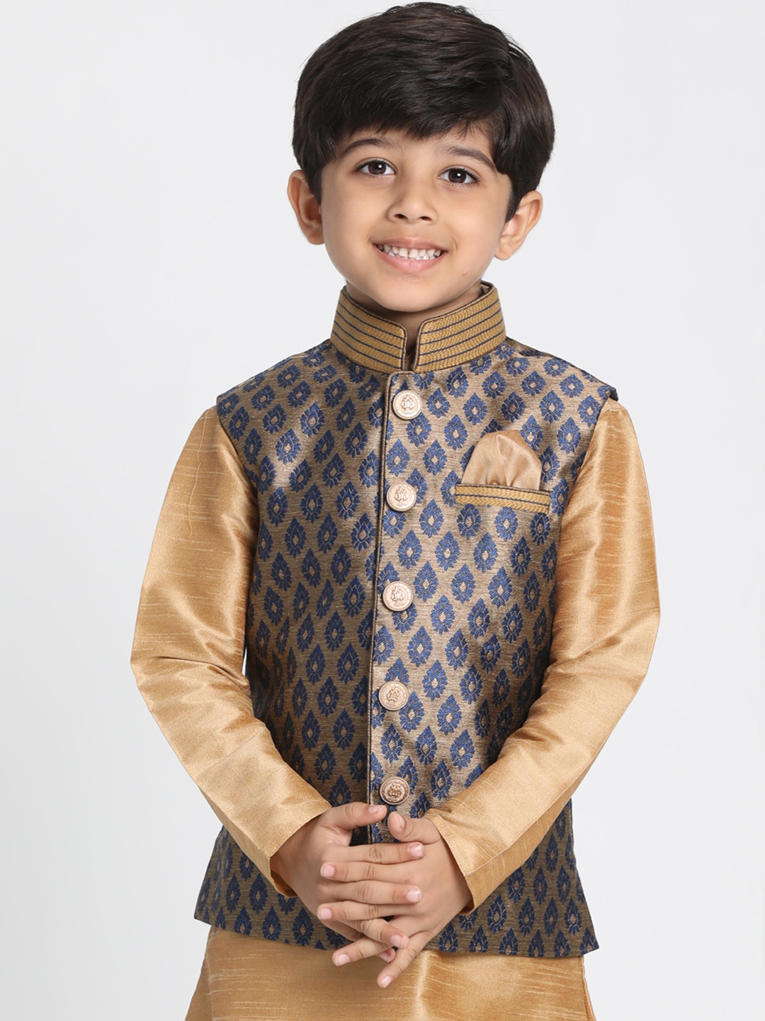 VASTRAMAY Boys Navy Blue & Gold-Toned Woven Design Nehru Jacket