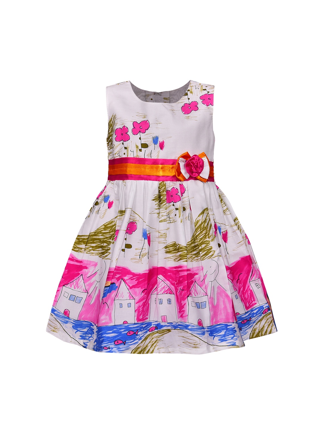 Wish Karo Girls Pink & White Printed Fit and Flare Dress