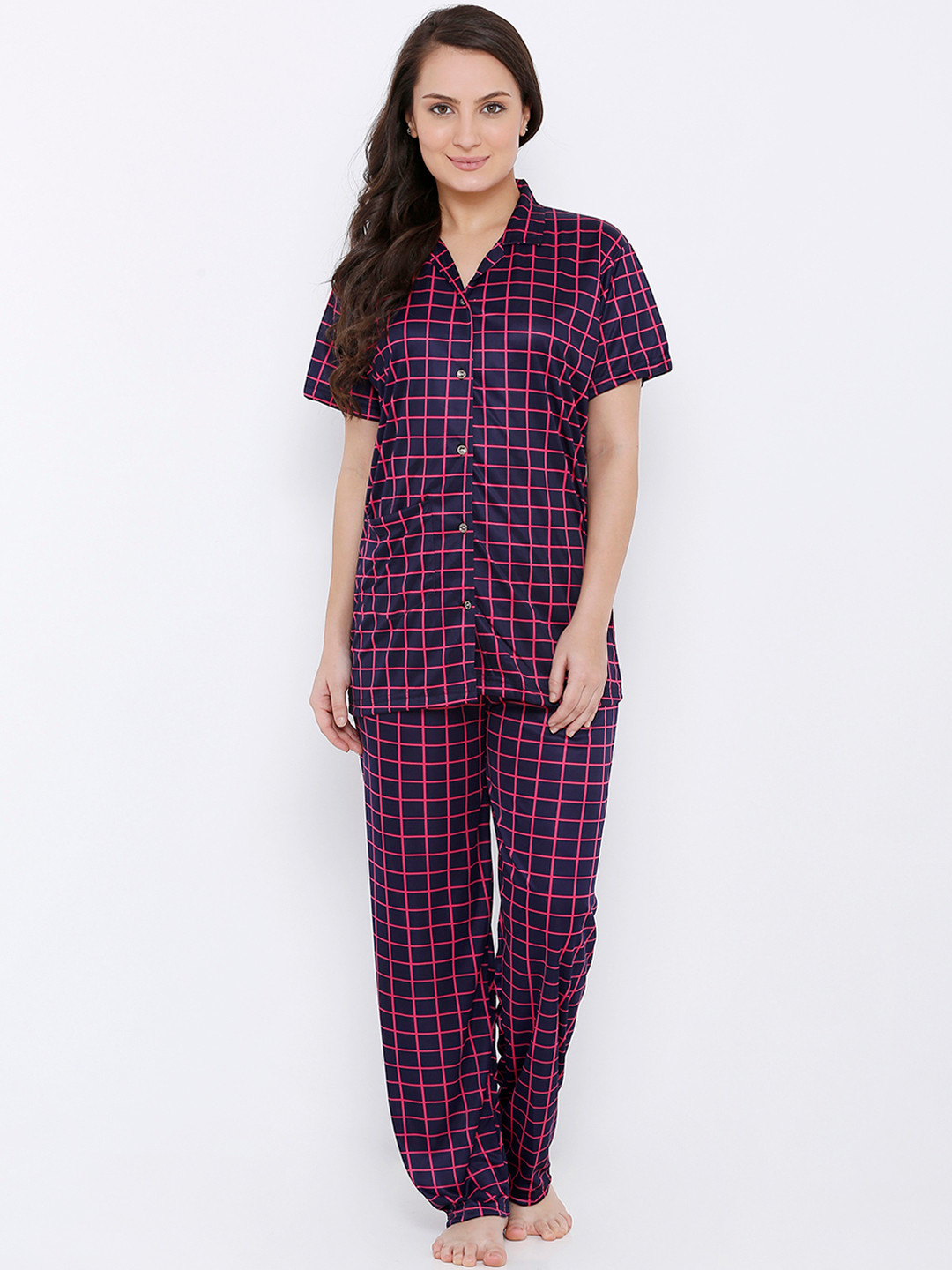 

Pretty Awesome Women Navy Blue & Pink Checked Night Suit