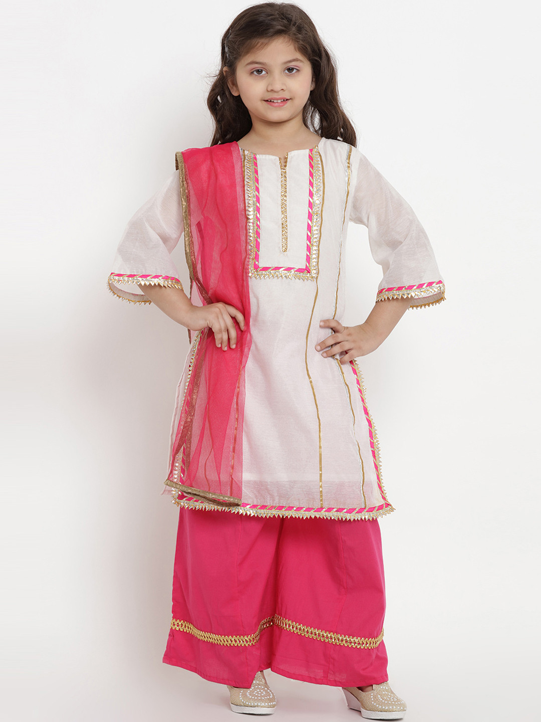 

Bitiya by Bhama Girls White & Fuchsia Striped Kurta with Palazzos & Dupatta