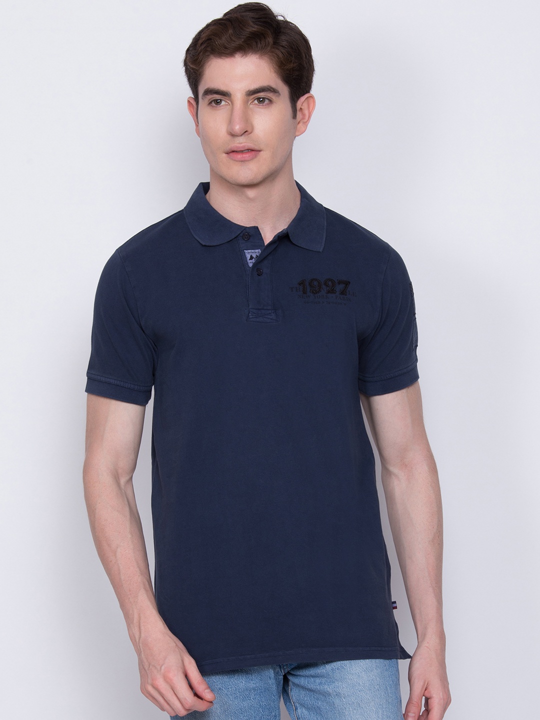 LINDBERGH Men Blue Slim Fit Solid Polo Collar T-shirt