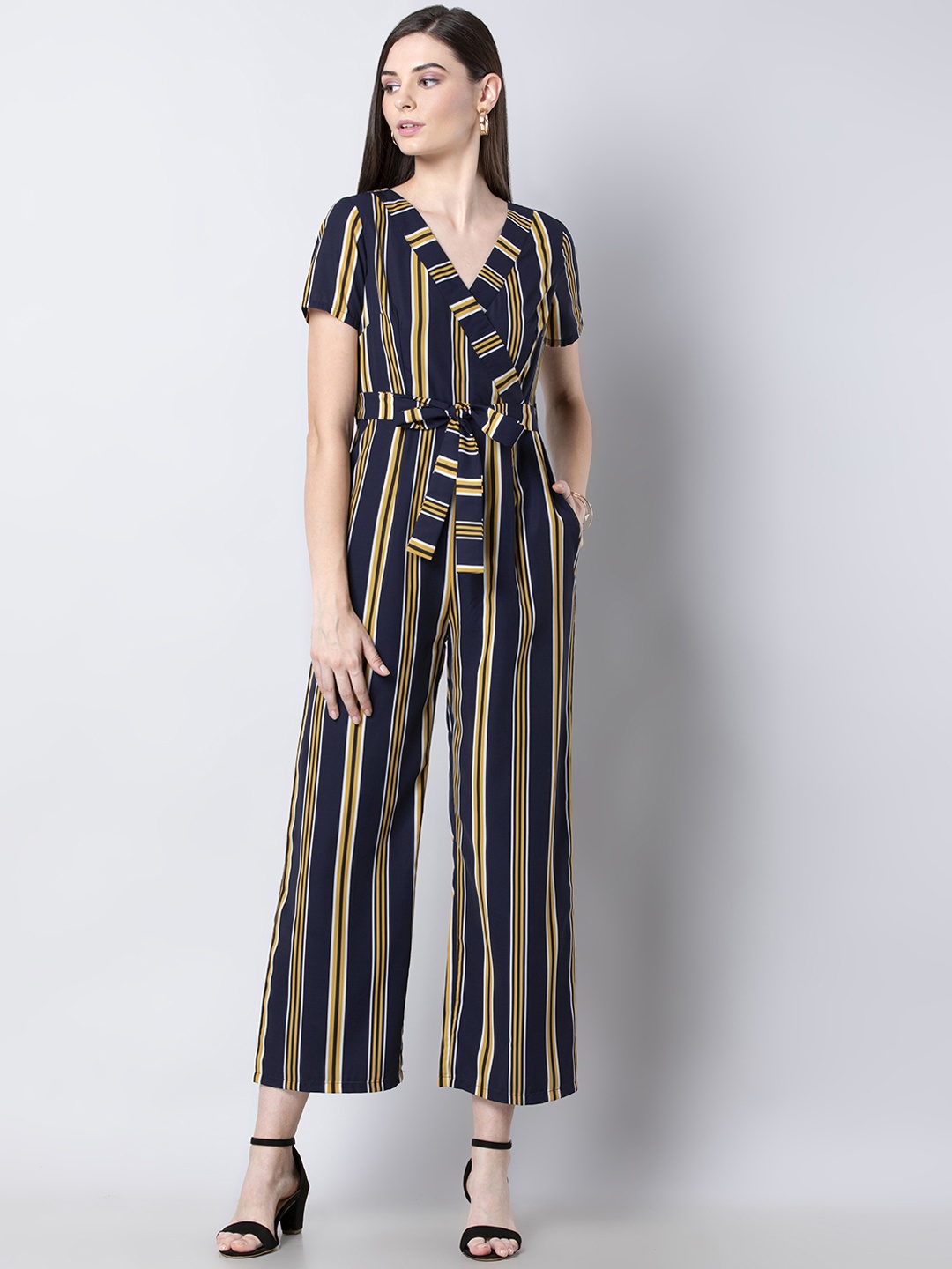 

FabAlley Women Navy Blue & Yellow Striped Wrap Basic Jumpsuit