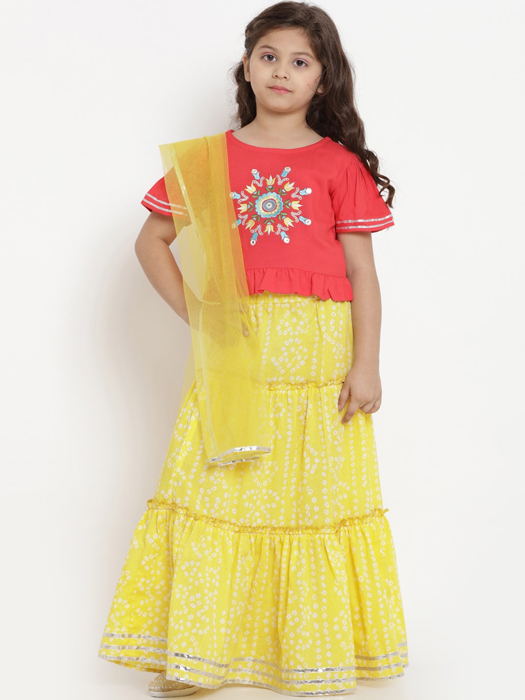 

Bitiya by Bhama Girls Yellow & Orange Solid Ready to Wear Lehenga & Blouse with Dupatta