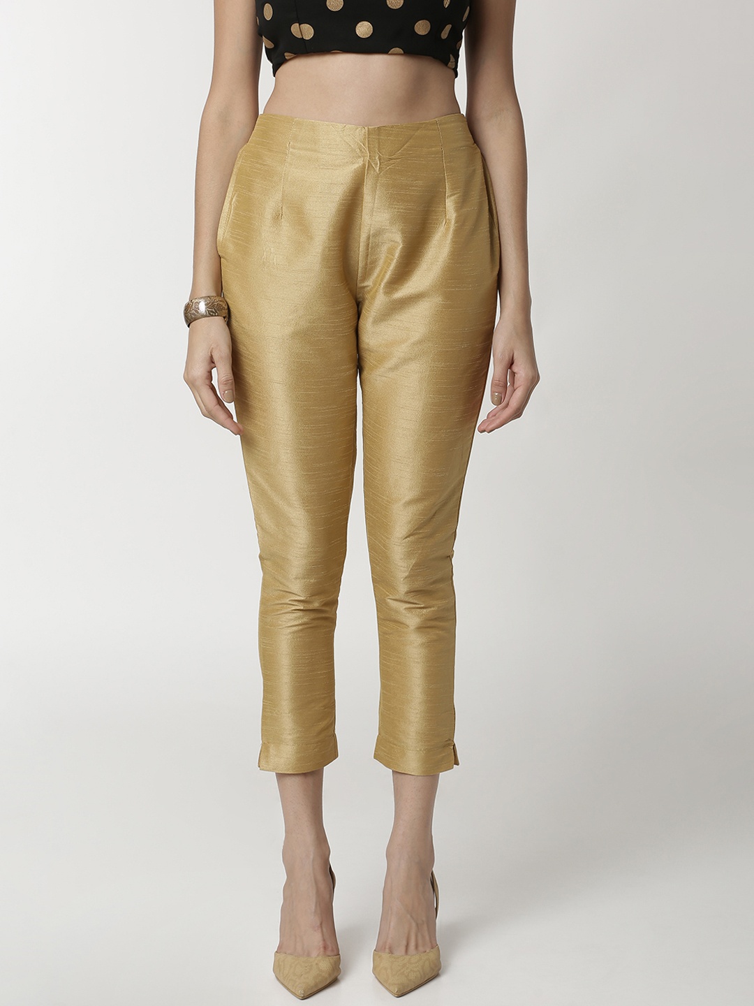 De Moza Women Gold-Toned Skinny Fit Solid Cigarette Trousers