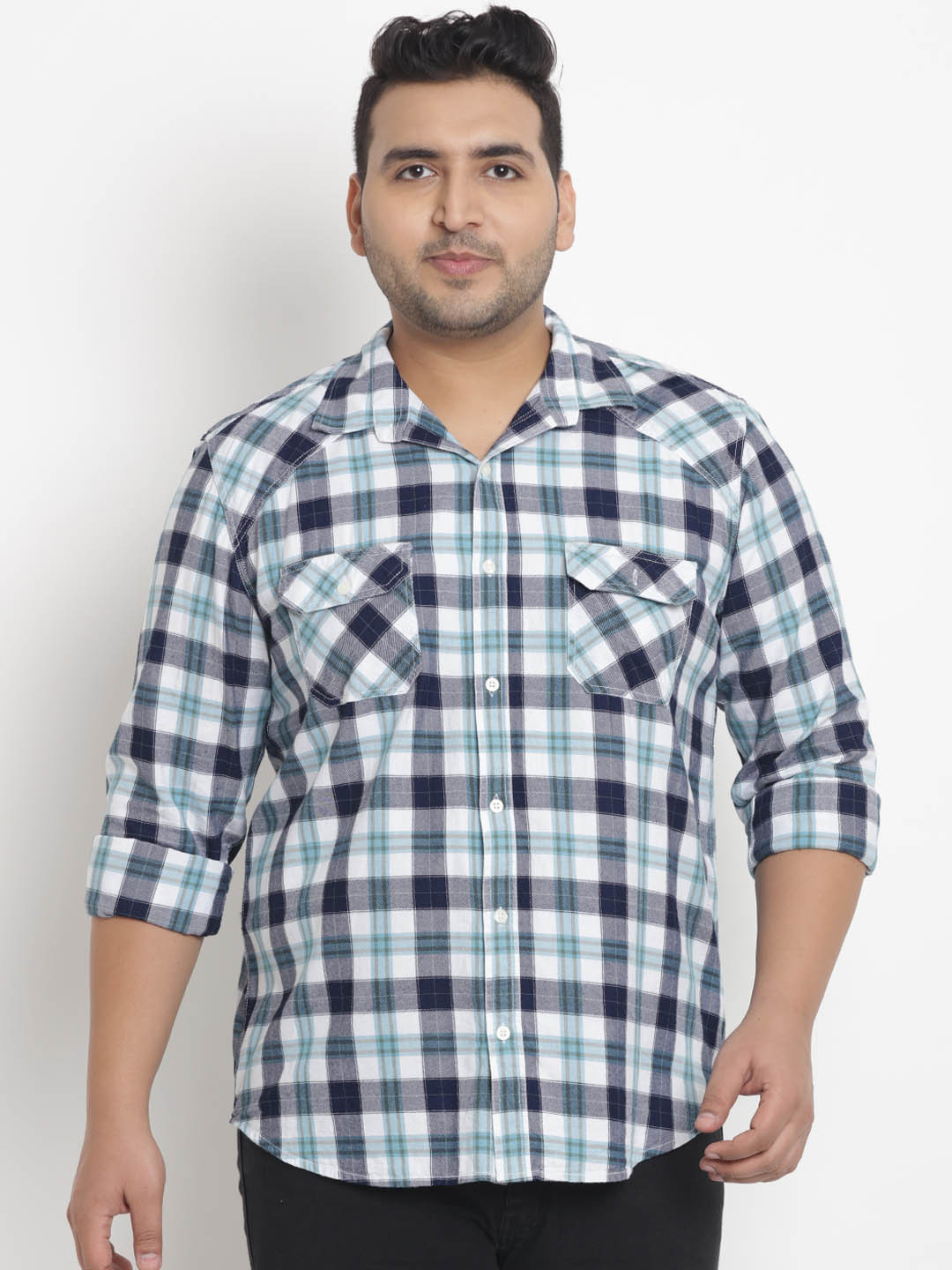 

John Pride Plus Size Men White Green Regular Fit Checked Casual Shirt