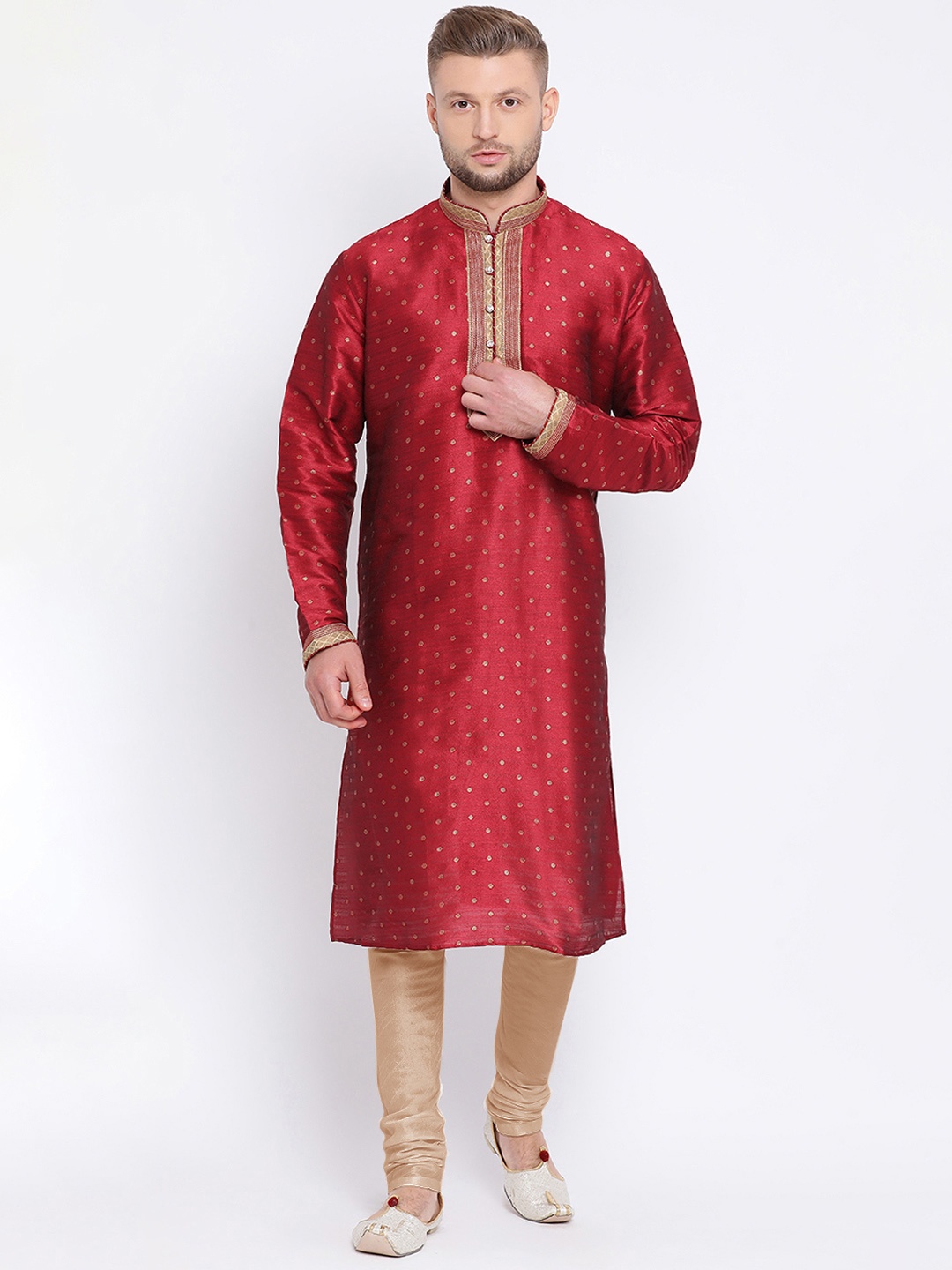 

Sanwara Men Maroon & Beige Self Design Kurta with Churidar