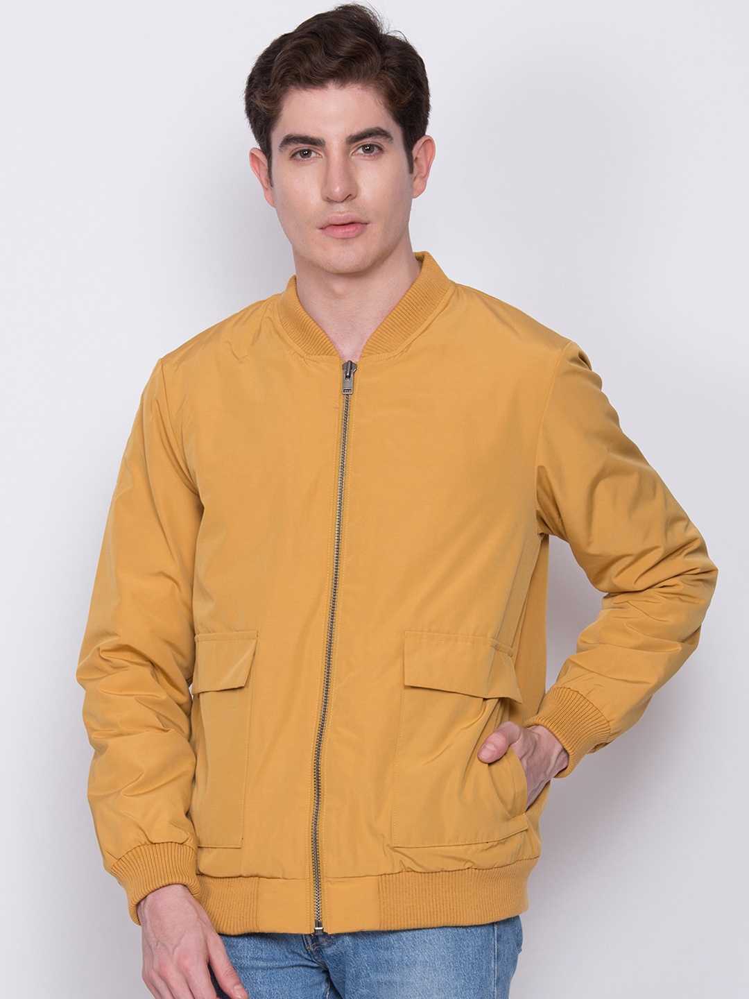 

LINDBERGH Men Mustard Yellow Solid Bomber Jacket