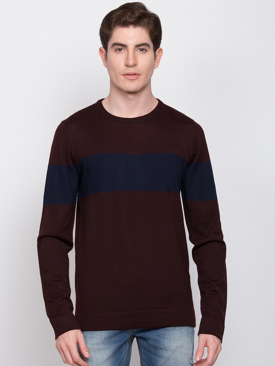 

LINDBERGH Men Brown & Navy Blue Striped Sweater
