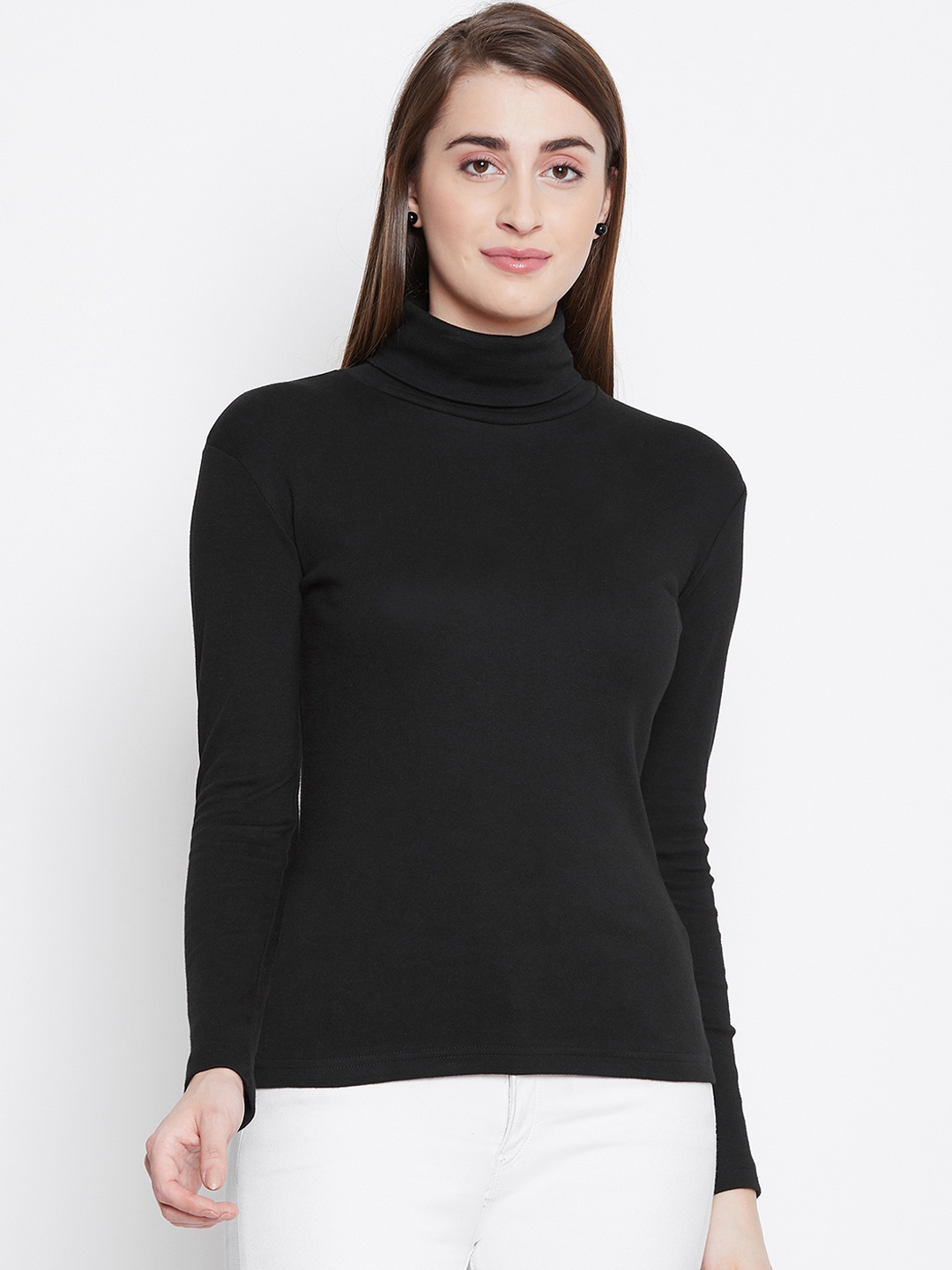 

Hypernation Women Black Solid Turtle Neck T-shirt