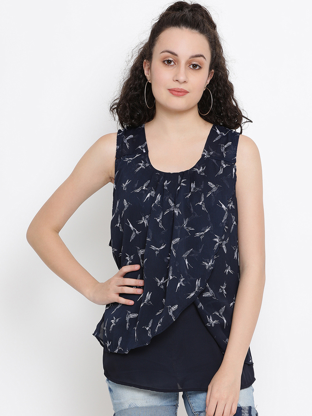 

SQew Women Navy Blue Printed Tiered Top