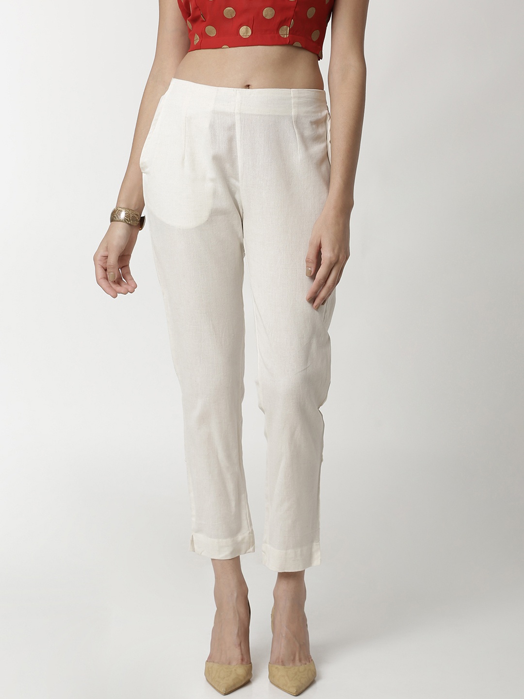 

De Moza Women White Skinny Fit Solid Cigarette Trousers