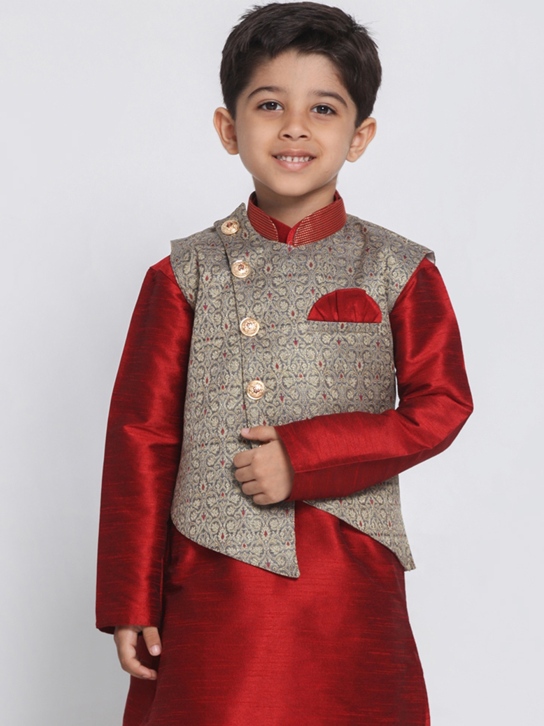 

JBN Creation Boys Grey & Red Woven Design Nehru Jacket