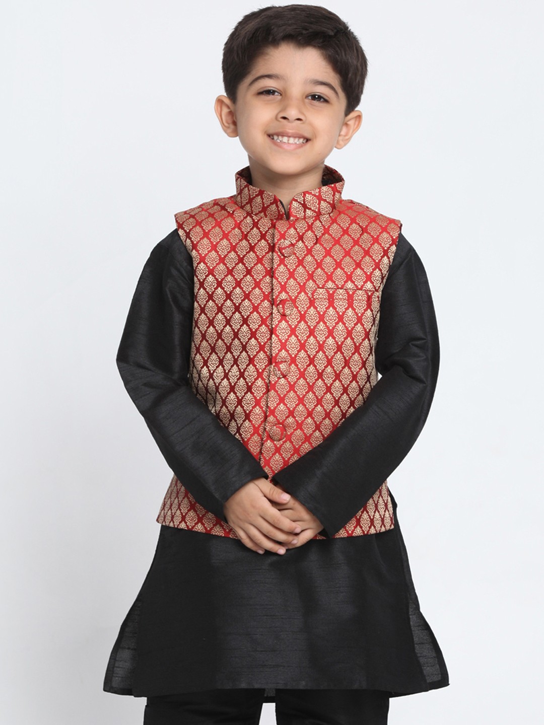 

VASTRAMAY Boys Maroon & Gold-Toned Zari Woven Design Nehru Jacket