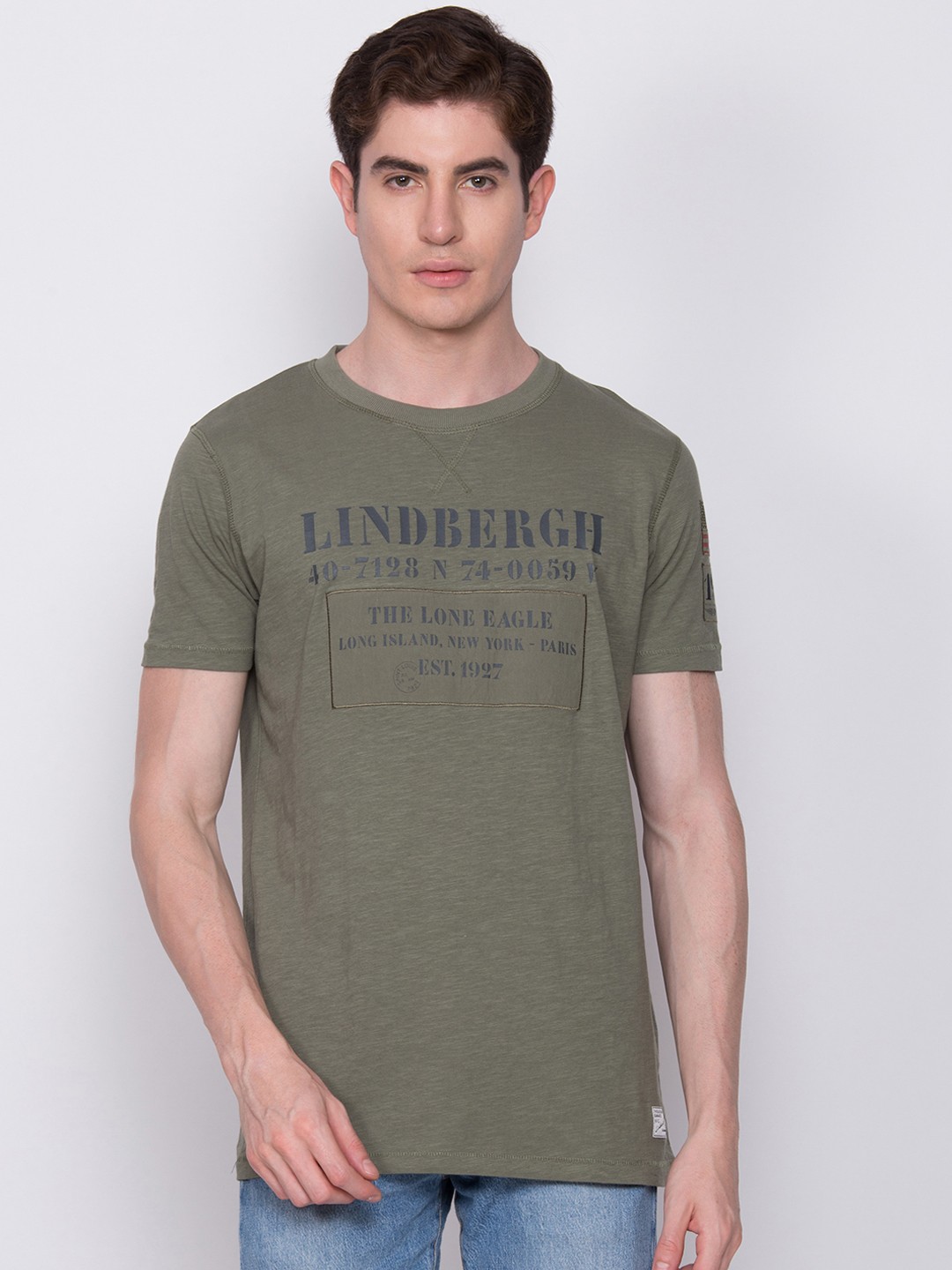 

LINDBERGH Men Green Slim Fit Printed Round Neck T-shirt