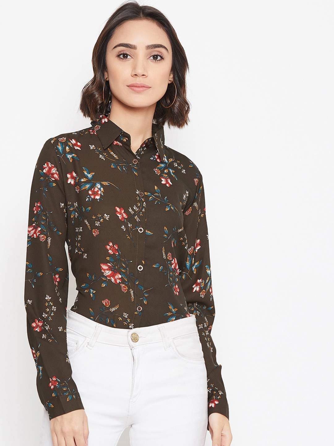 

PURYS Women Coffee Brown & Red Printed Casual Shirt