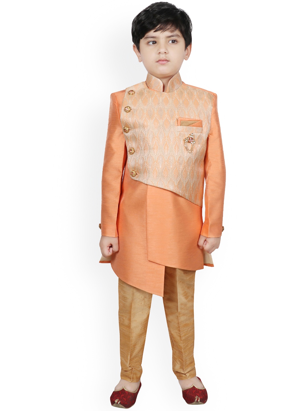 

SG YUVRAJ Boys Orange & Gold-Coloured Woven Design Raw Silk Sherwani Set