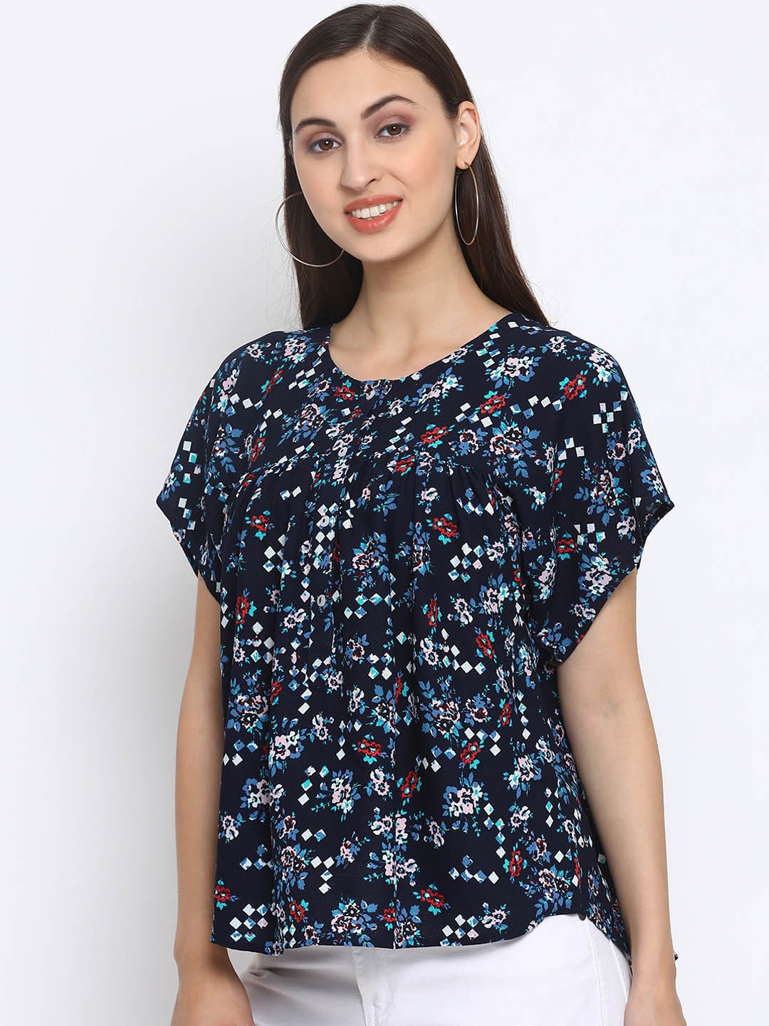 

SQew Women Navy Blue & Red Printed A-Line Top