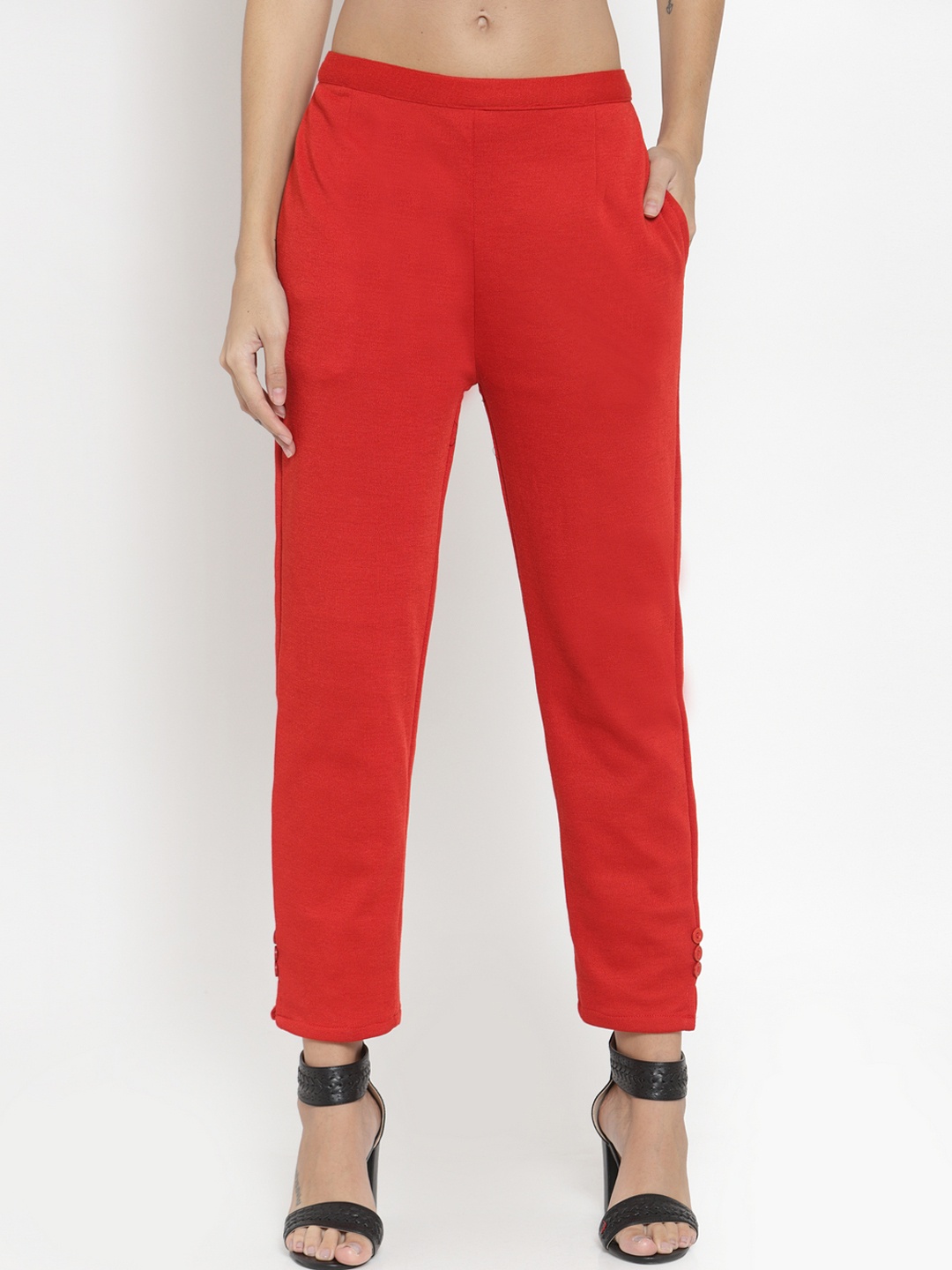 

Clora Creation Women Red Regular Fit Solid Cropped Woollen Cigarette Trousers