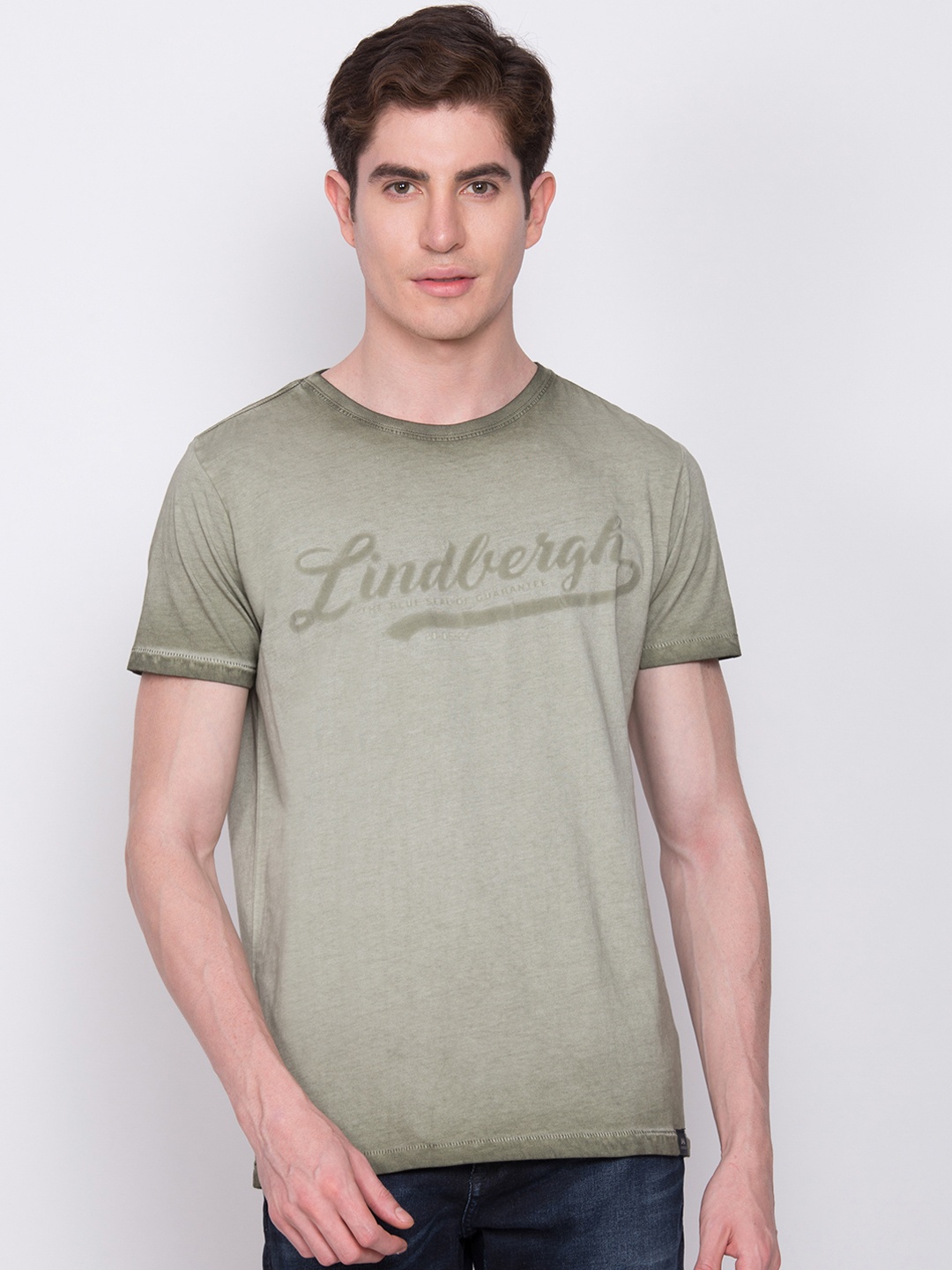 

LINDBERGH Men Green Printed Round Neck Slim Fit T-shirt
