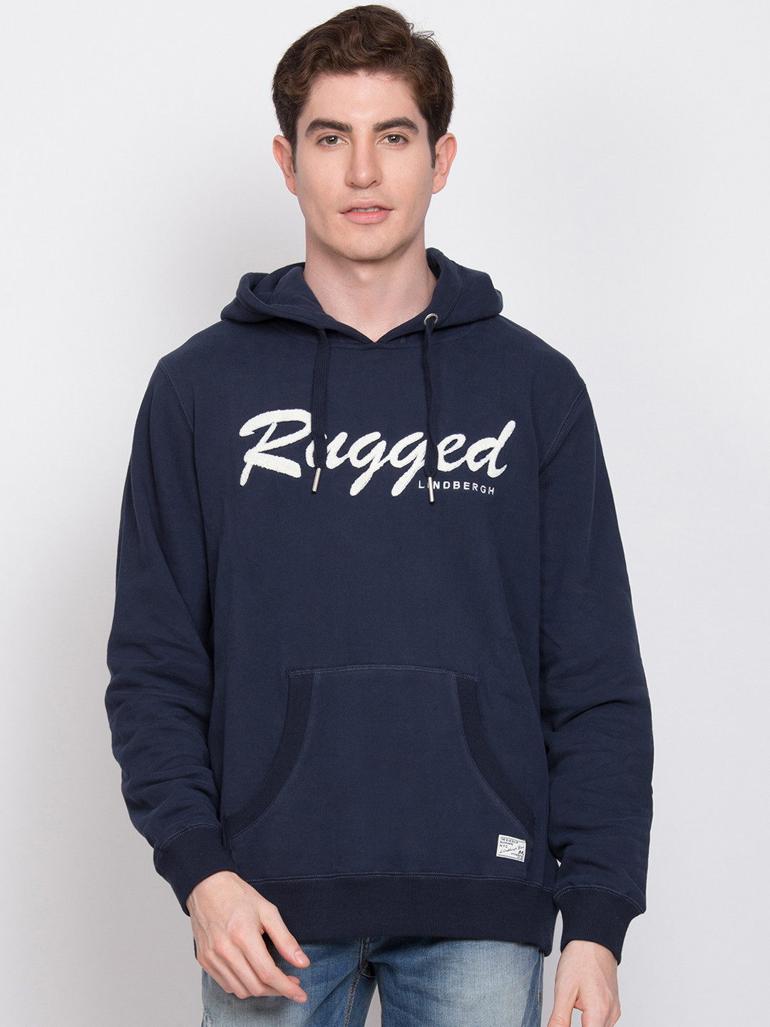 

LINDBERGH Men Navy Blue & Off-White Printed Hooded Sweatshirt