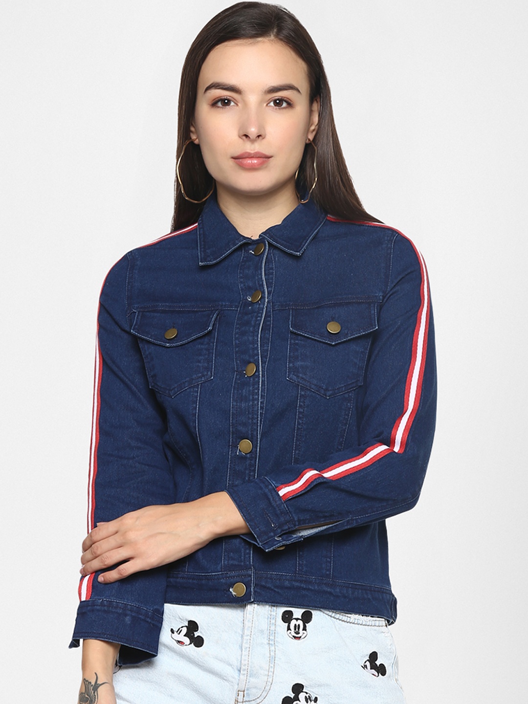 

StyleStone Women Blue Striped Denim Jacket