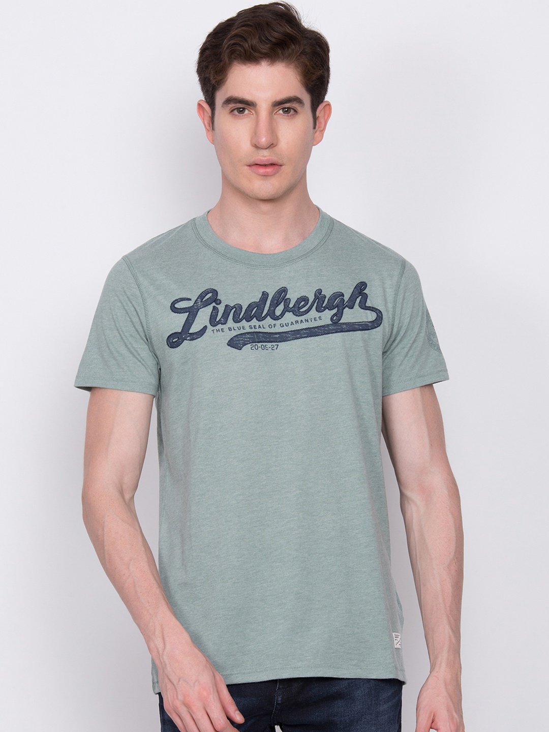

LINDBERGH Men Green Slim Fit Printed Round Neck T-shirt