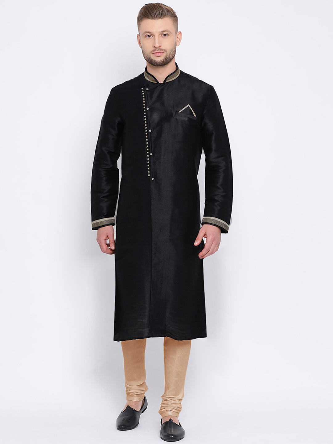 Sanwara Men Black & Beige Solid Angrakha Kurta with Churidar