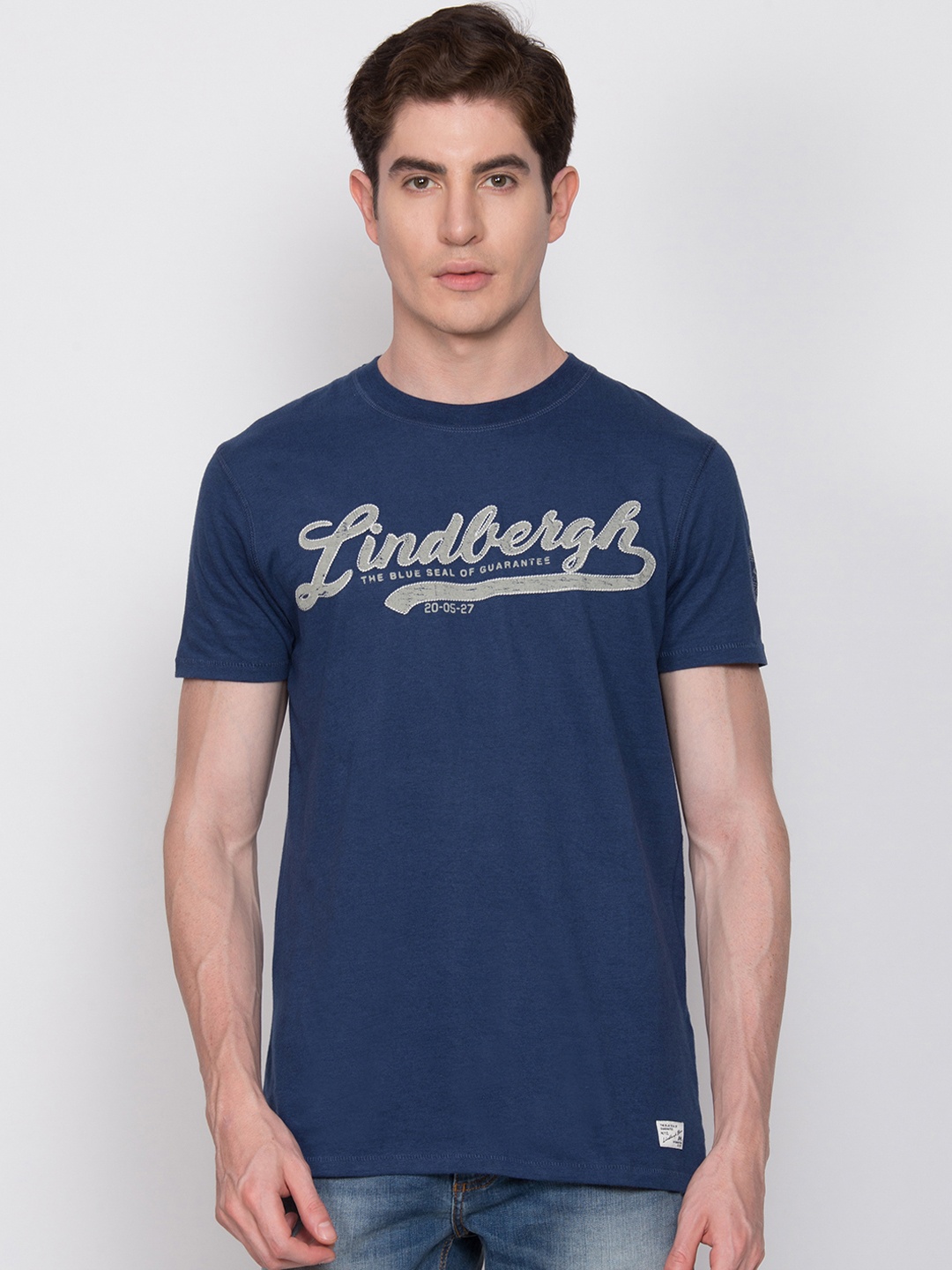 

LINDBERGH Men Blue Slim Fit Printed Round Neck T-shirt