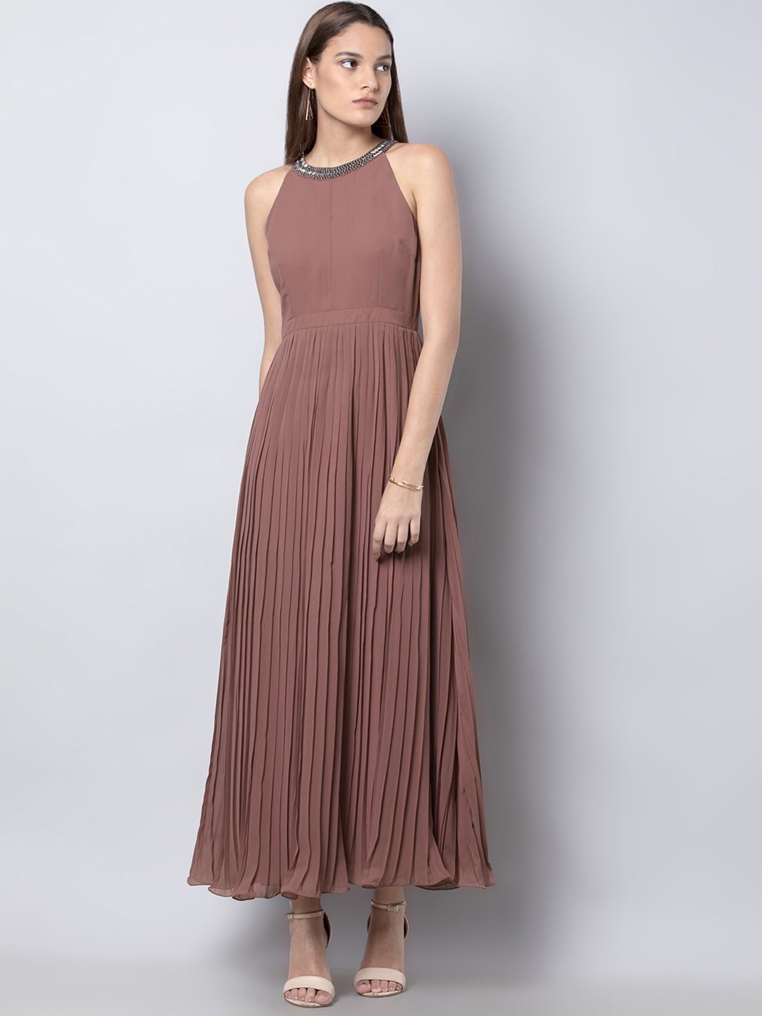 

FabAlley Women Pink Solid Accordion Pleat Maxi Dress