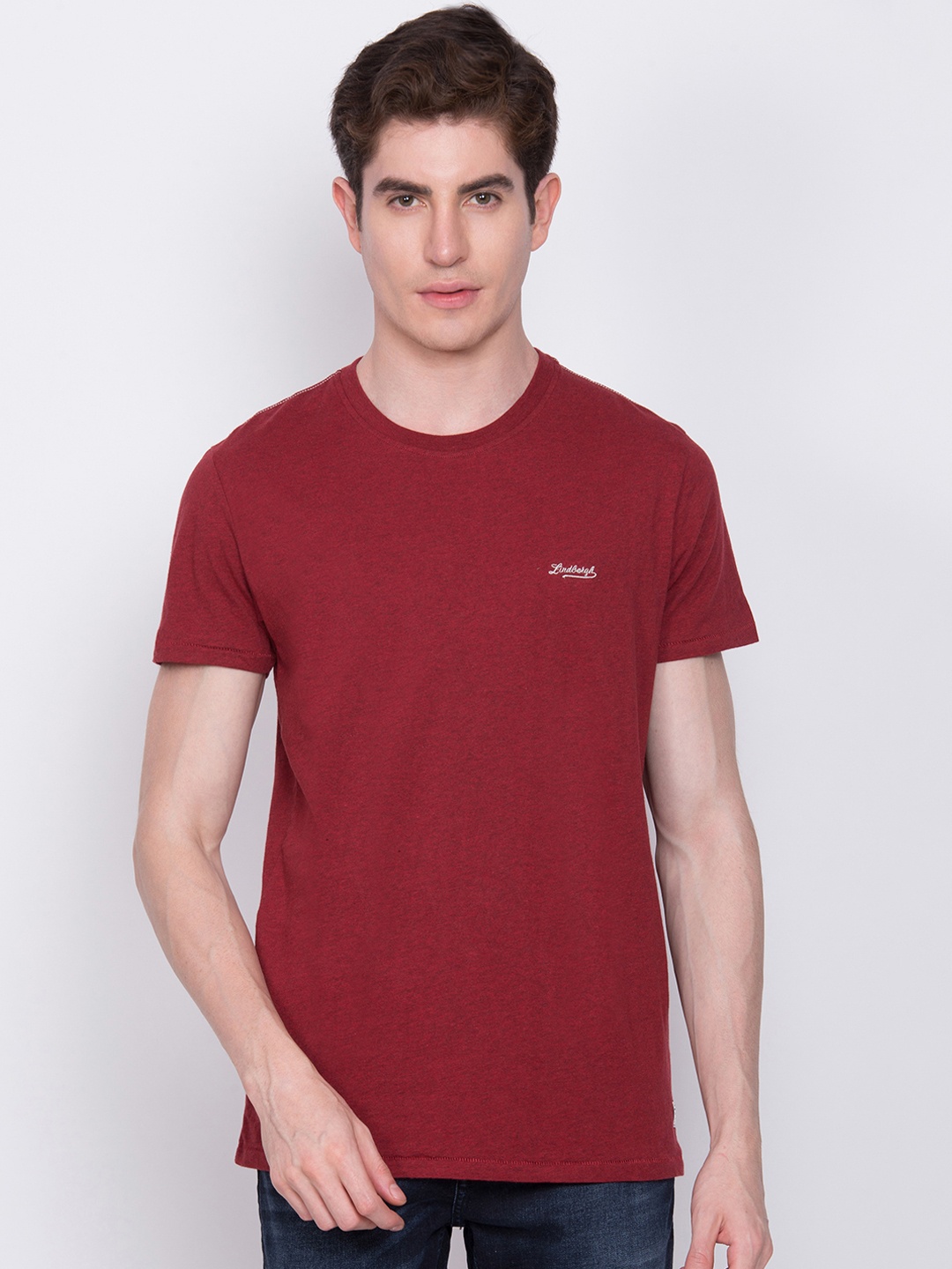LINDBERGH Men Red Slim Fit Solid Round Neck T-shirt