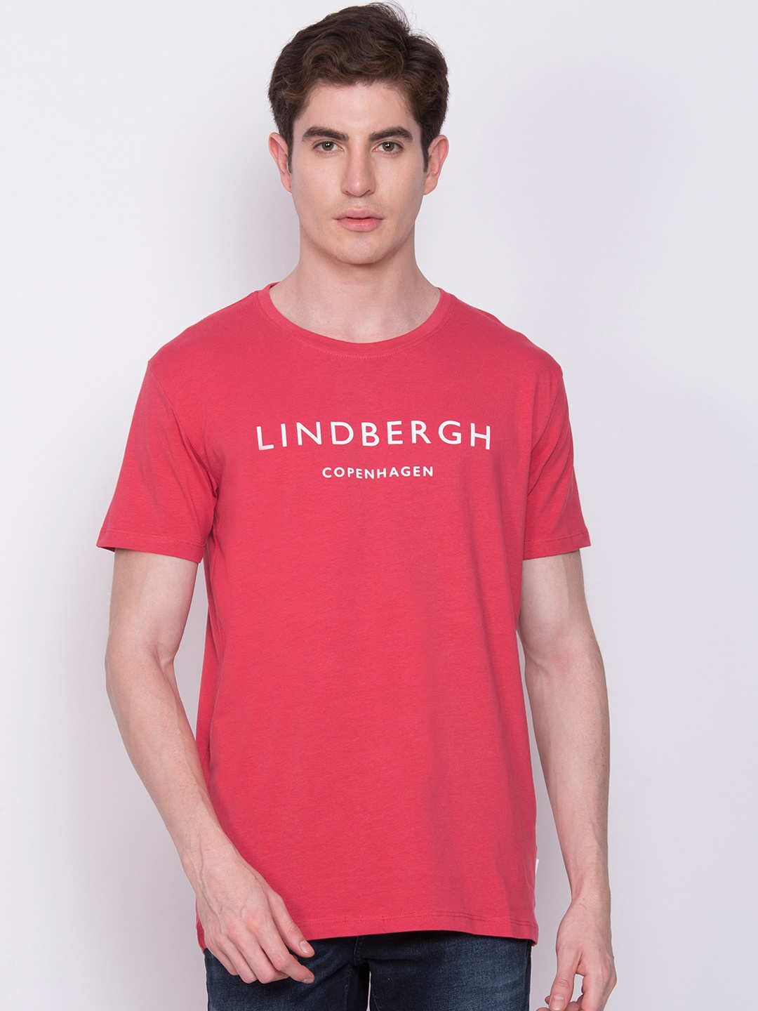 

LINDBERGH Men Red Slim Fit Printed Round Neck T-shirt